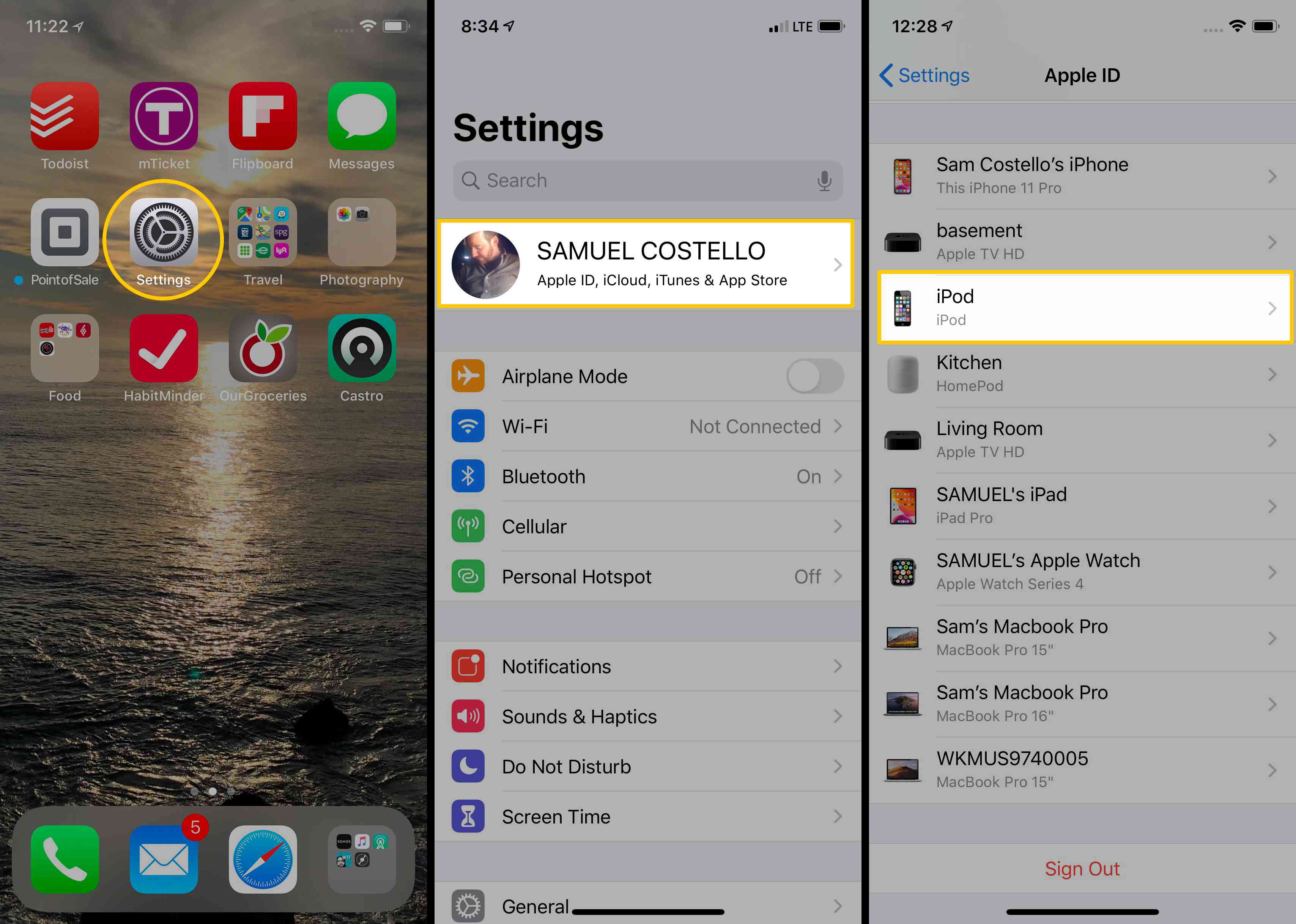Screenshoty ukazující, jak vybrat zařízení k odebrání v systému iOS.