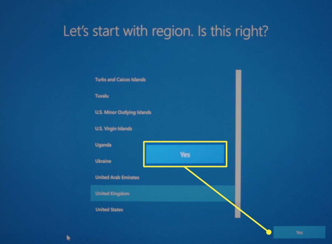 Obrazovka výběru regionu během instalace systému Microsoft Windows 10.
