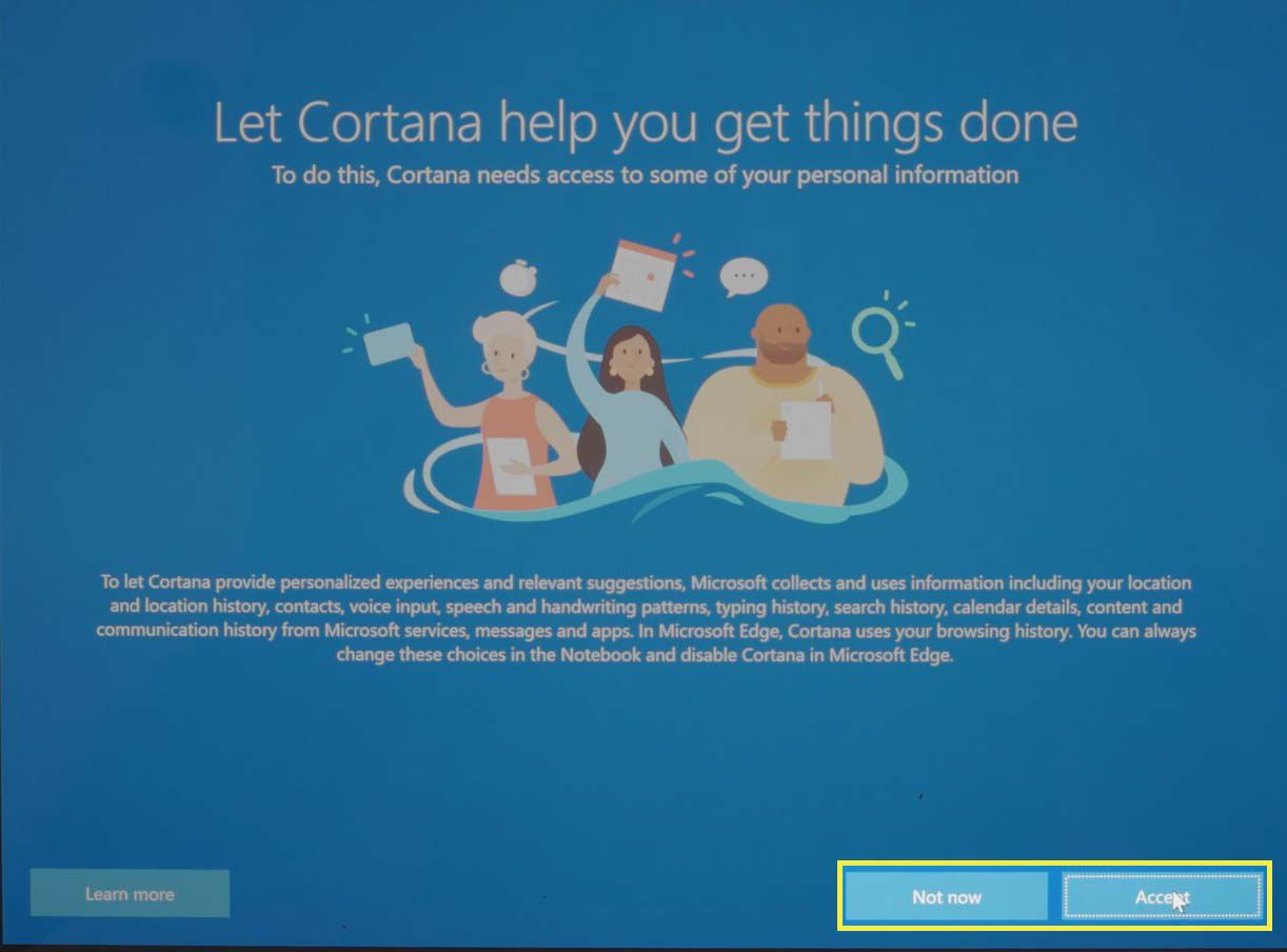 Obrazovka Cortana během instalace systému Microsoft Windows 10.