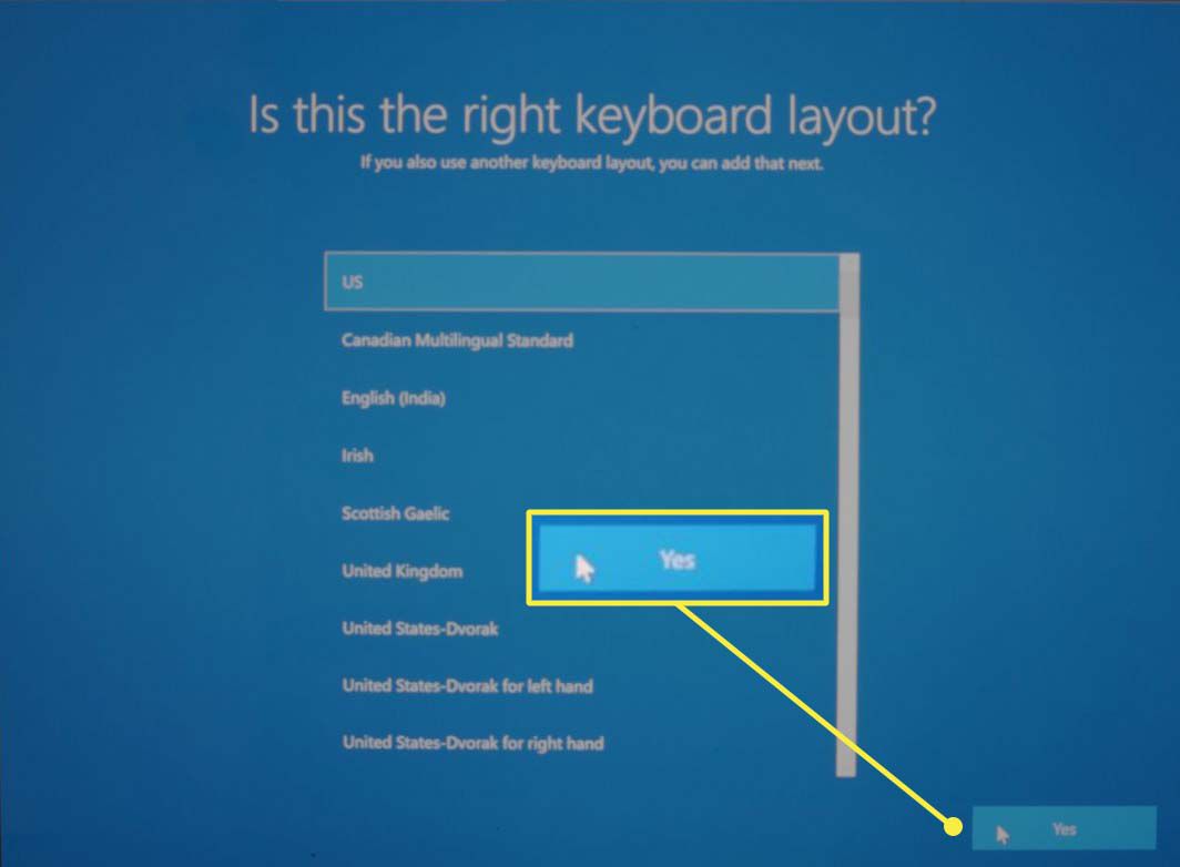 Výběr rozložení klávesnice při nastavování systému Microsoft Windows 10.