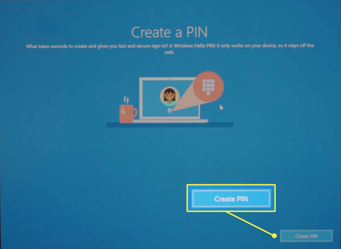Obrazovka Vytvořit PIN během nastavování systému Microsoft Windows 10.
