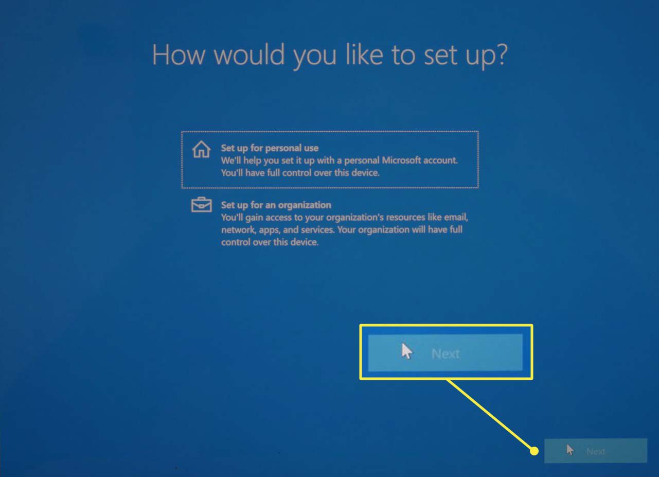 Výběr účtu během instalace systému Microsoft Windows 10.
