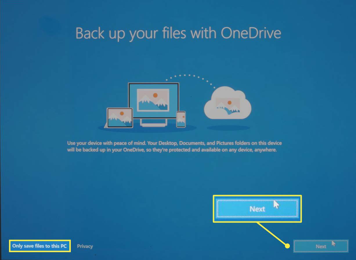 Obrazovka OneDrive během instalace systému Microsoft Windows 10.