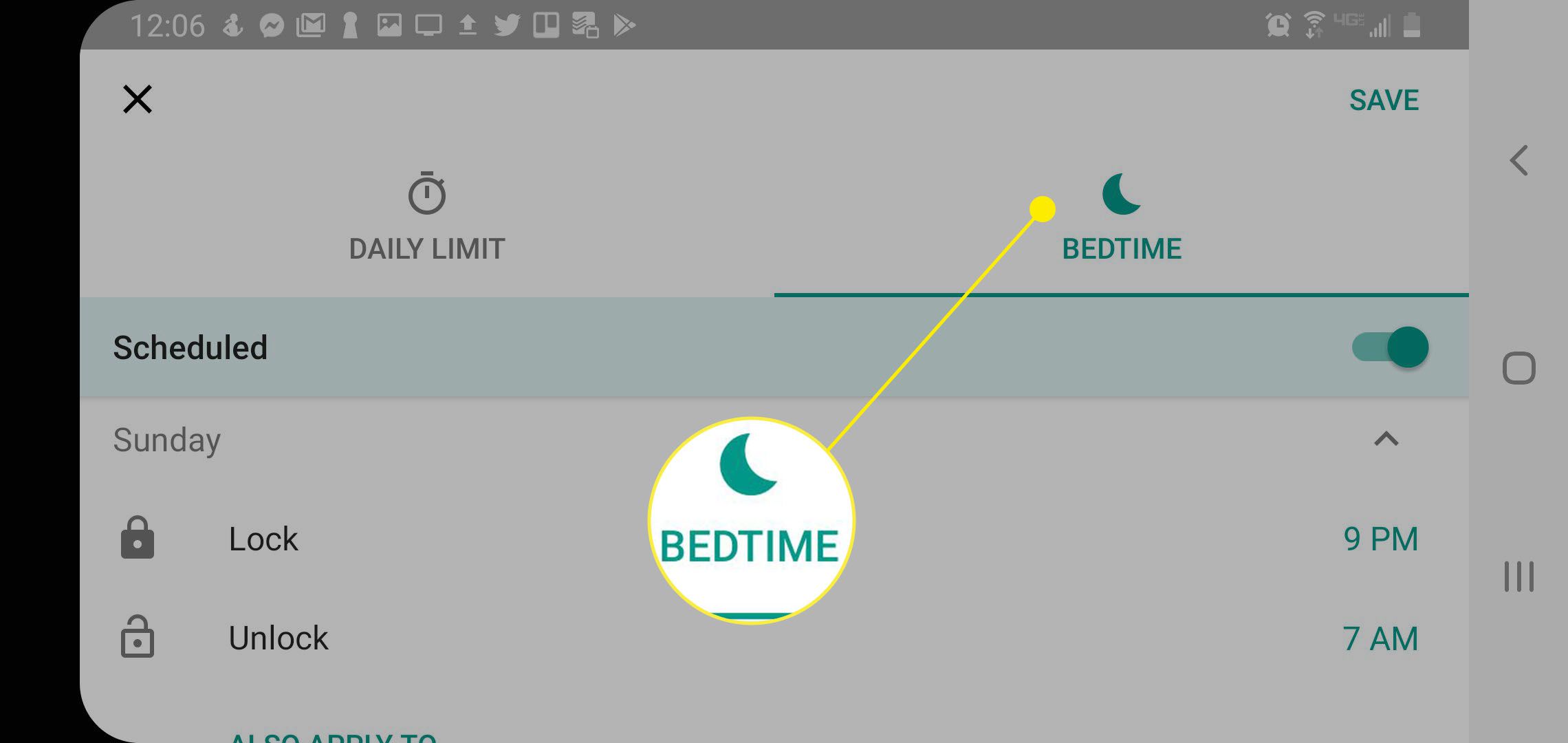 snímek obrazovky nastavení času stráveného před spaním u rodiny