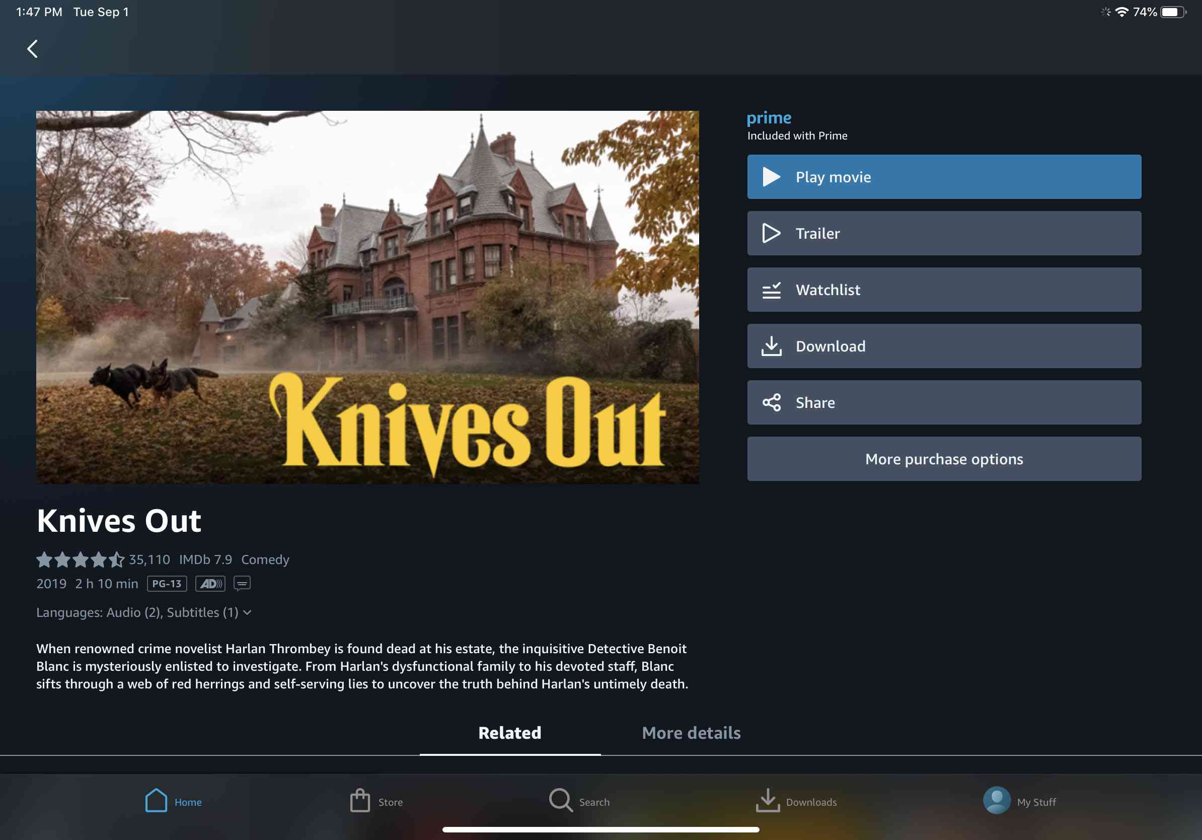 Položka Amazon Prime Video pro „Knives Out“.