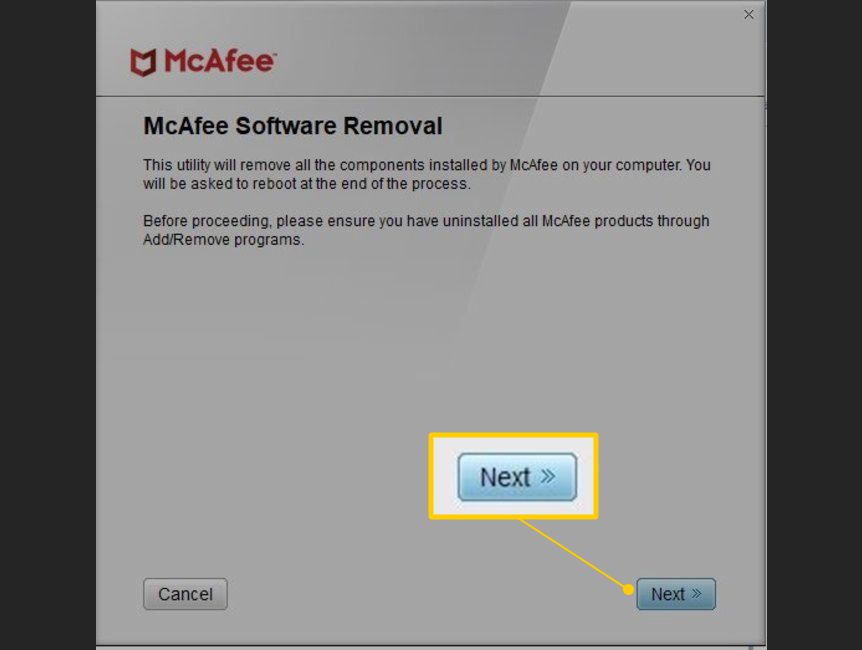 Tlačítko Další v okně McAfee Software Removal