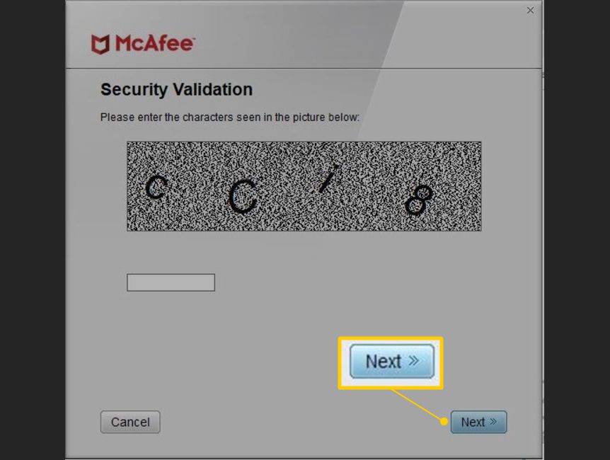 Tlačítko Další na obrazovce McAfee Security Validation
