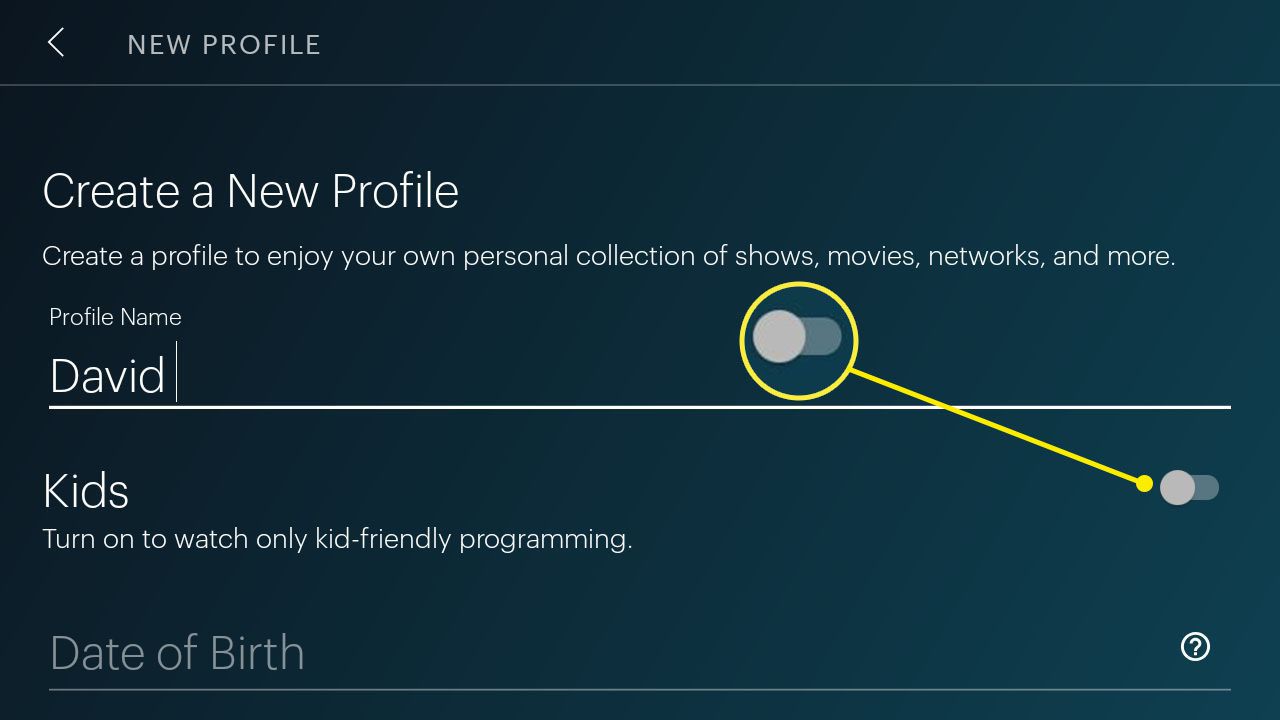 Zadejte název profilu, potom klepněte na přepínací přepínač vedle Děti a nastavte jej do polohy Zapnuto.