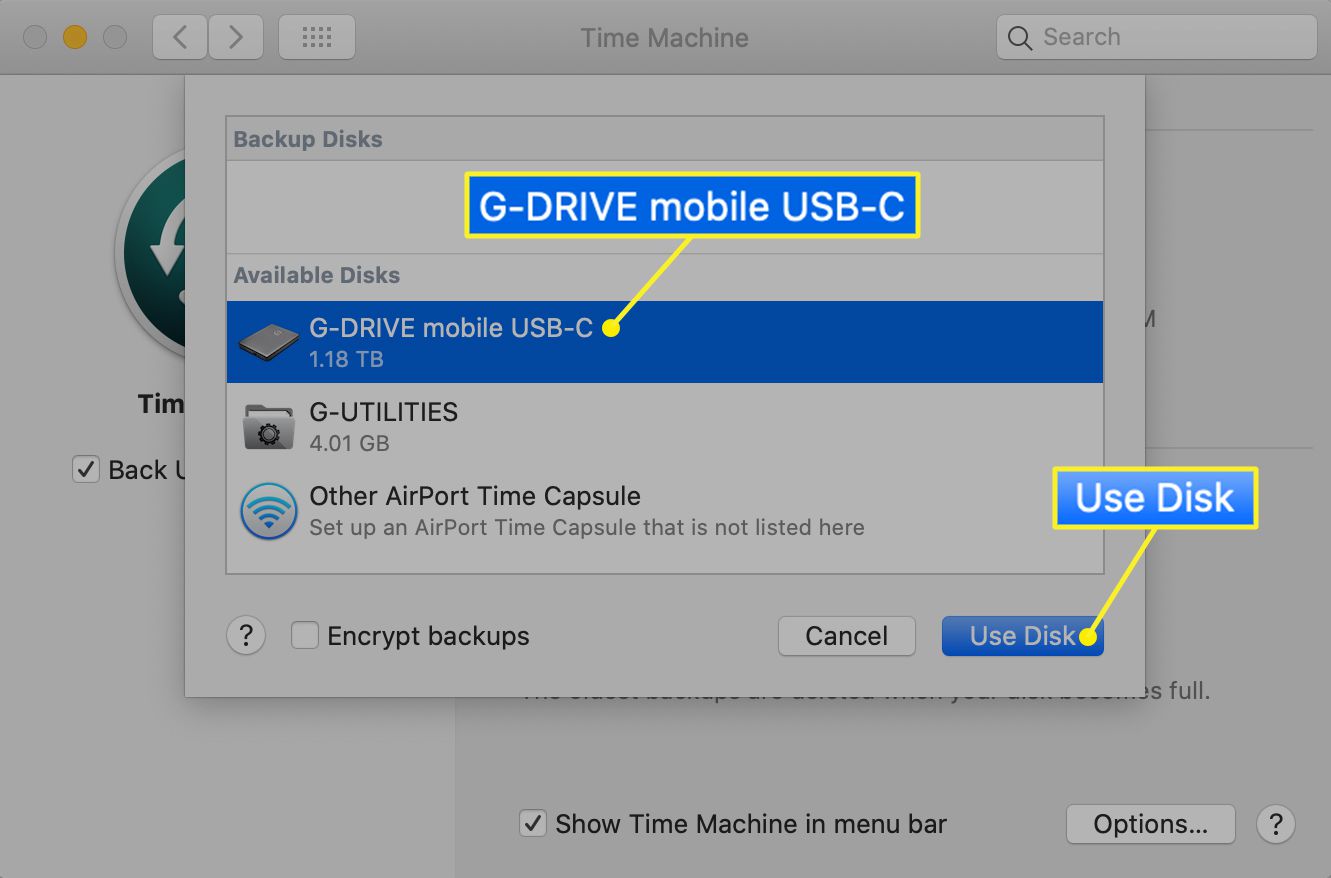 Nabídka výběru jednotky Time Machine se zvýrazněnou položkou Použít disk