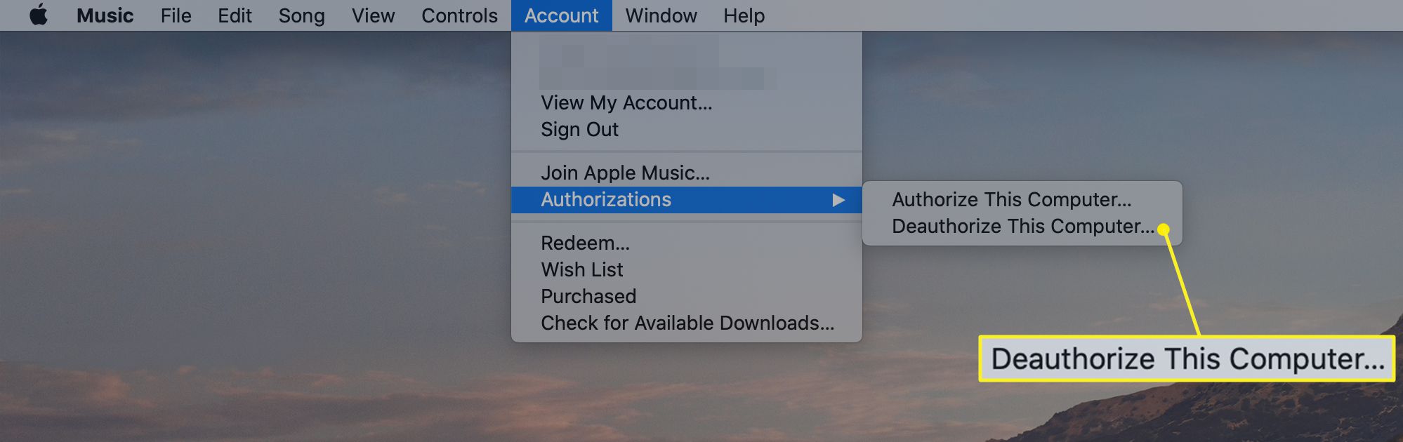 Nabídka hudebního účtu se zvýrazněnou možností Deauthorize This Computer