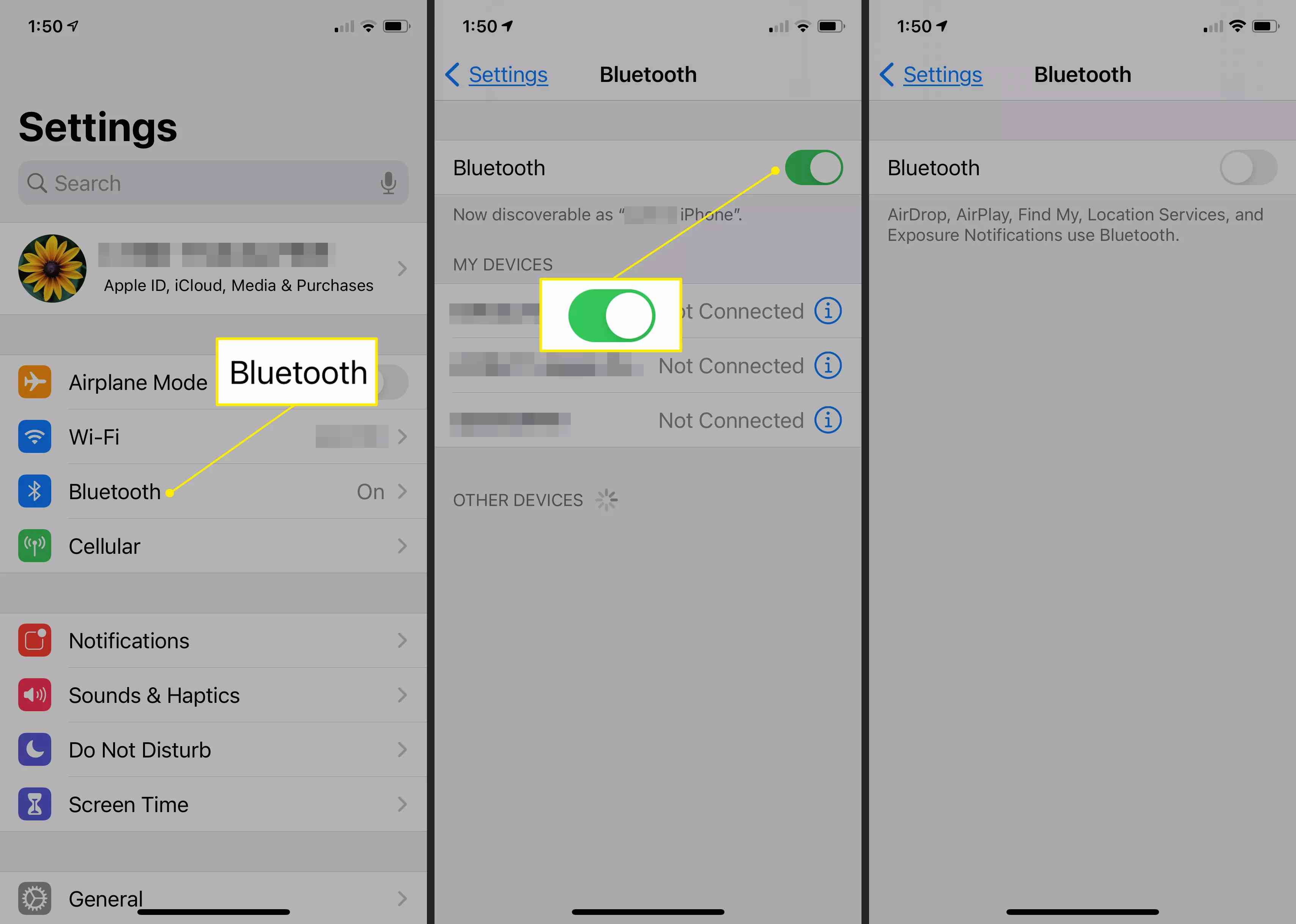 Nastavení iPhone zobrazující nastavení Bluetooth