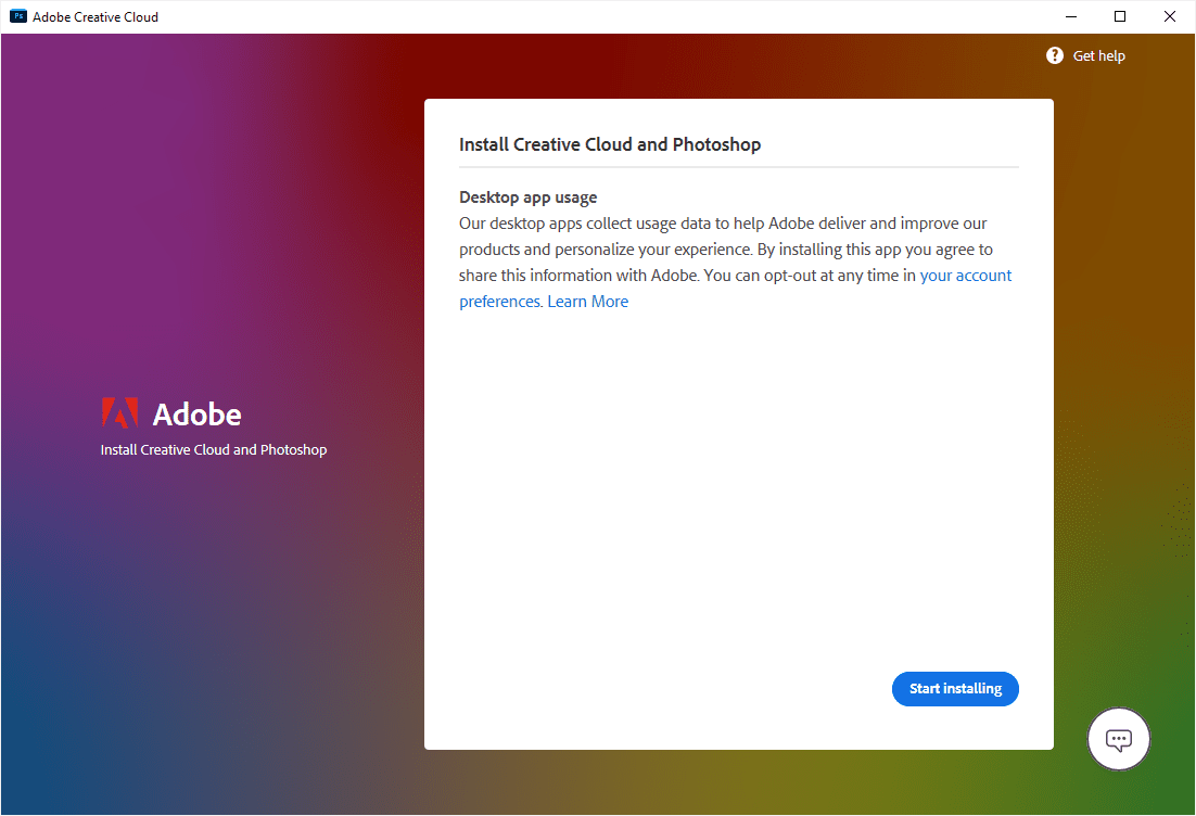 Nainstalujte si instalační obrazovku Creative Cloud a Photoshop