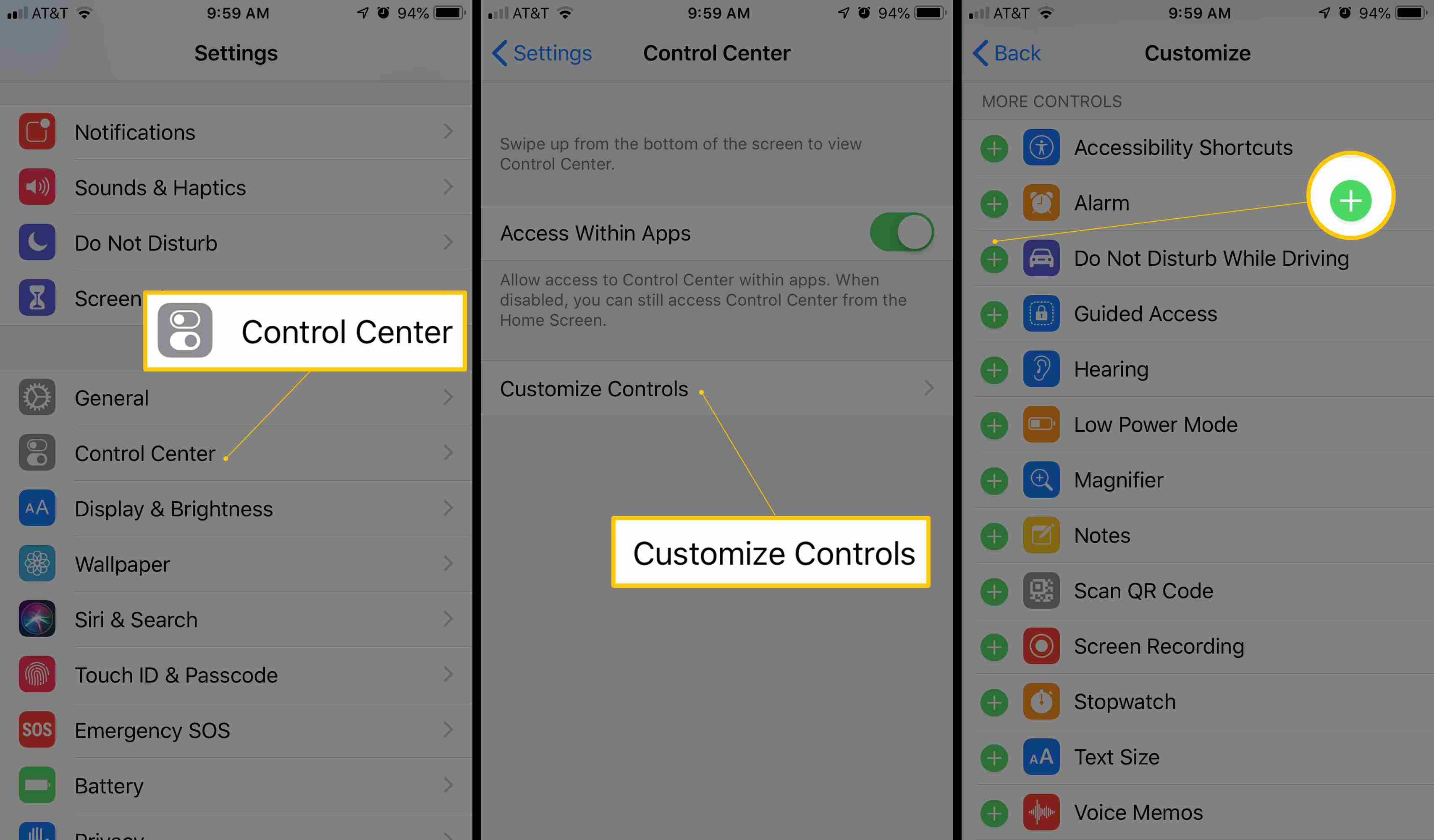 Tři obrazovky iOS zobrazující Control Center, Customize Controls a zelené tlačítko plus pro přidání Nerušit během jízdy do Control Center