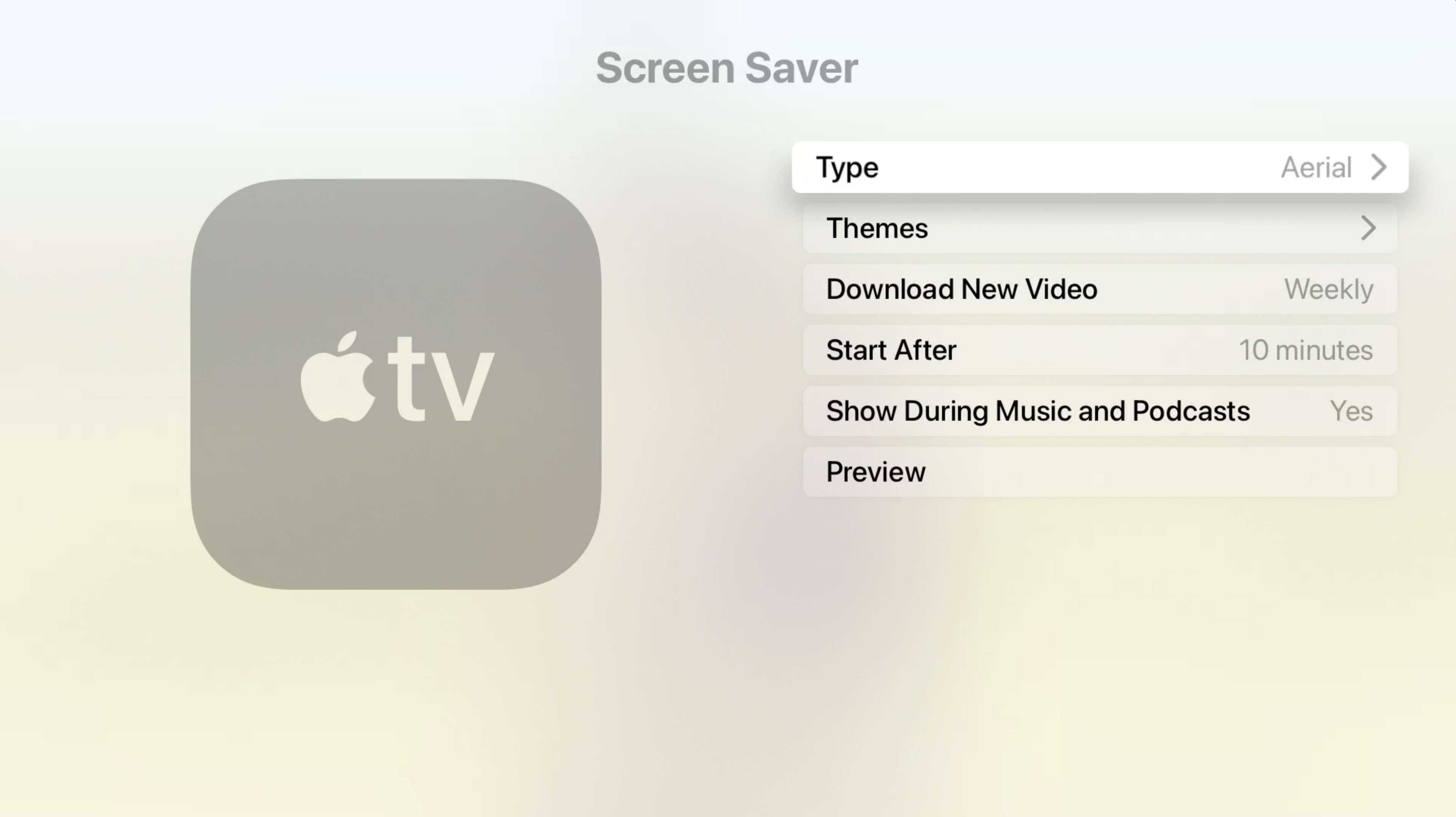 Předvolby typu Ochutnejte obrazovku Apple TV