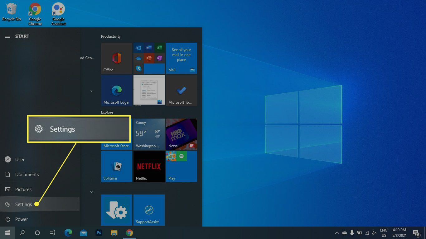 Nastavení zvýrazněná v nabídce Start systému Windows 10