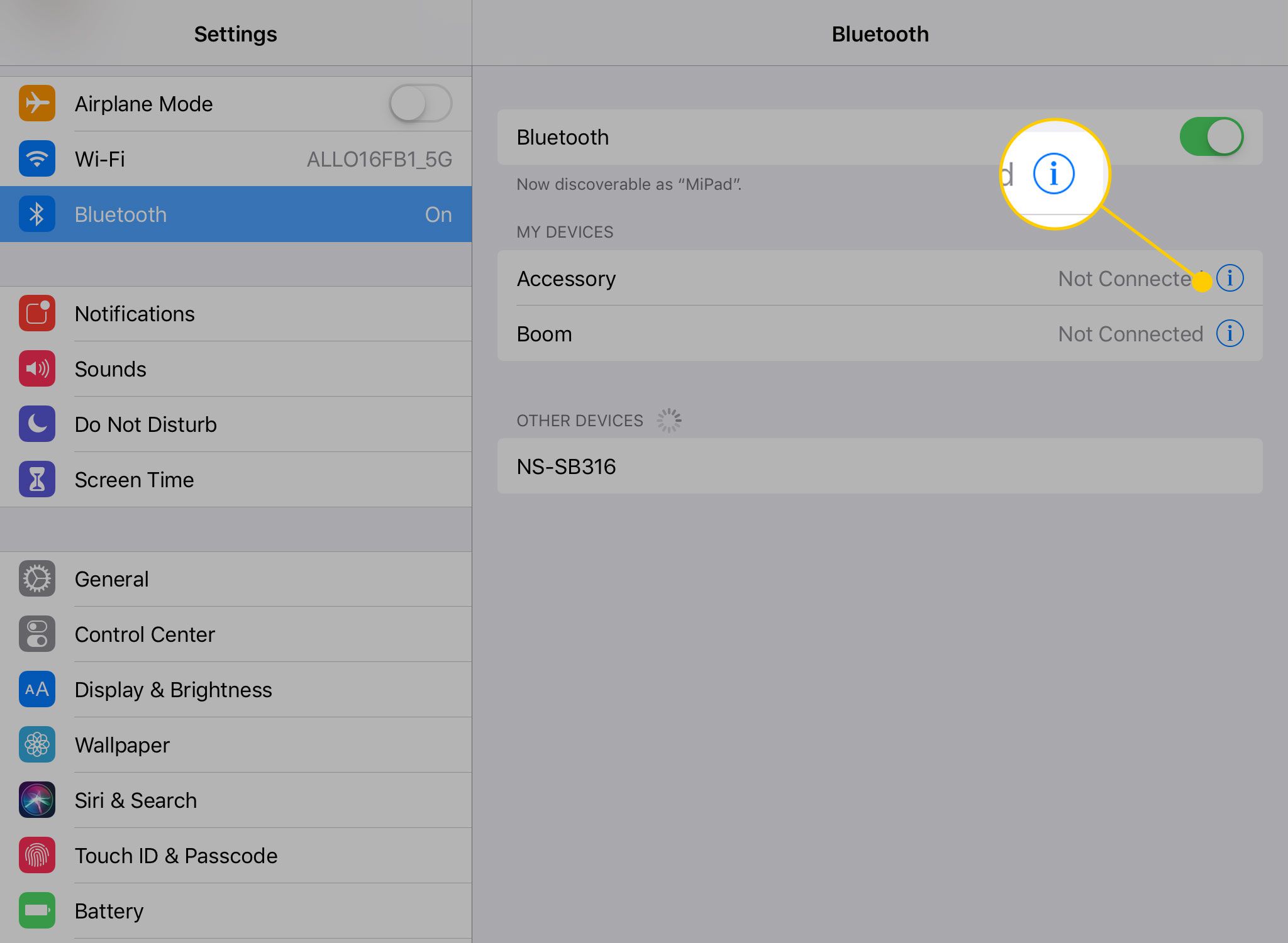Informační ikona zařízení v nastavení Bluetooth iPadu