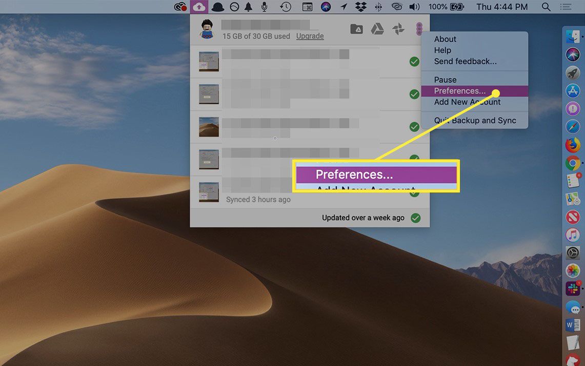 Předvolby z položky nabídky Zálohování a synchronizace Google v systému macOS