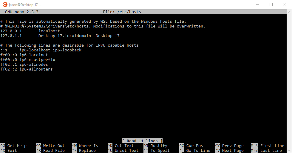 Soubor / etc / hosts v NANO pro Ubuntu na WSL