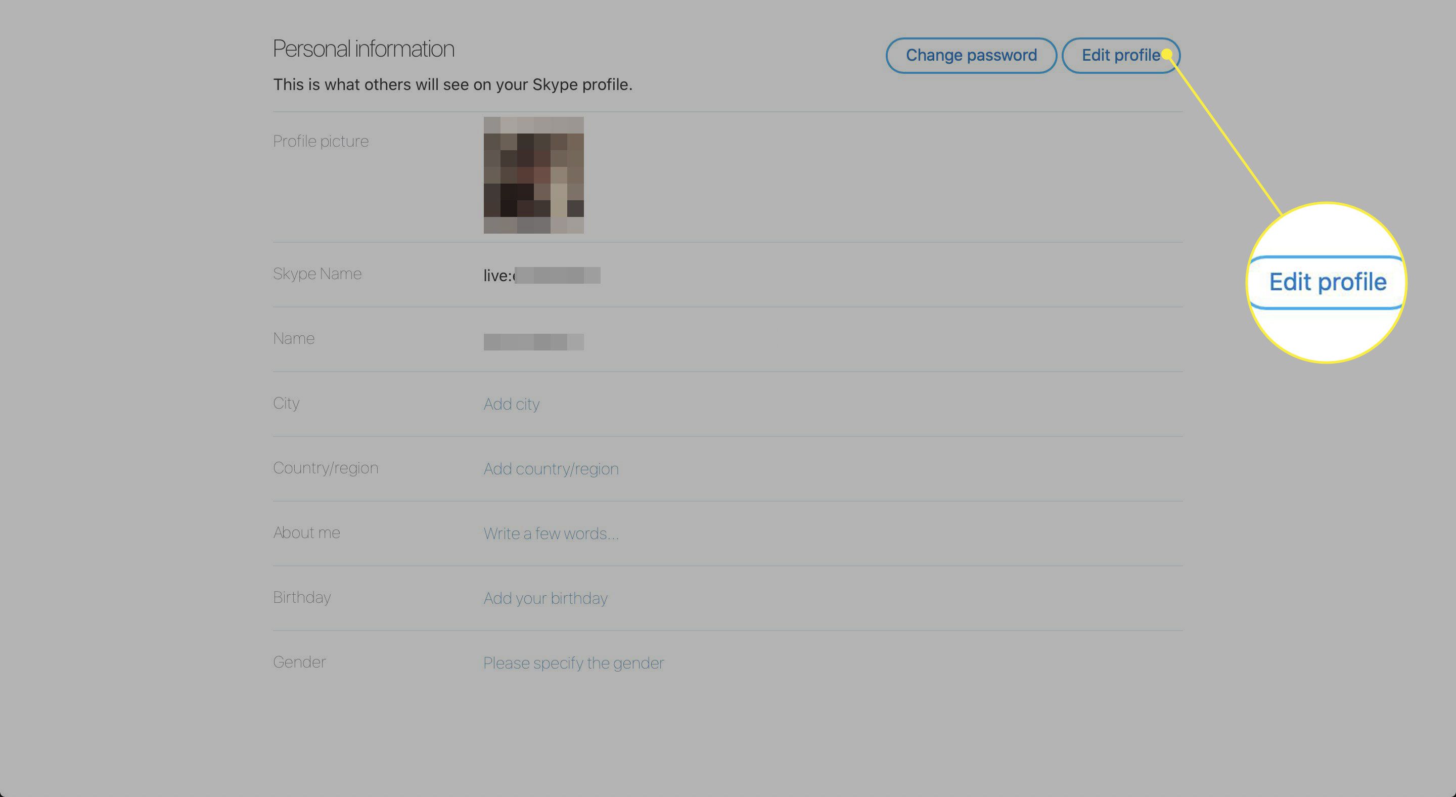 Screenshot z aplikace Skype "Osobní informace" stránka s "Upravit profil" tlačítko zvýrazněno