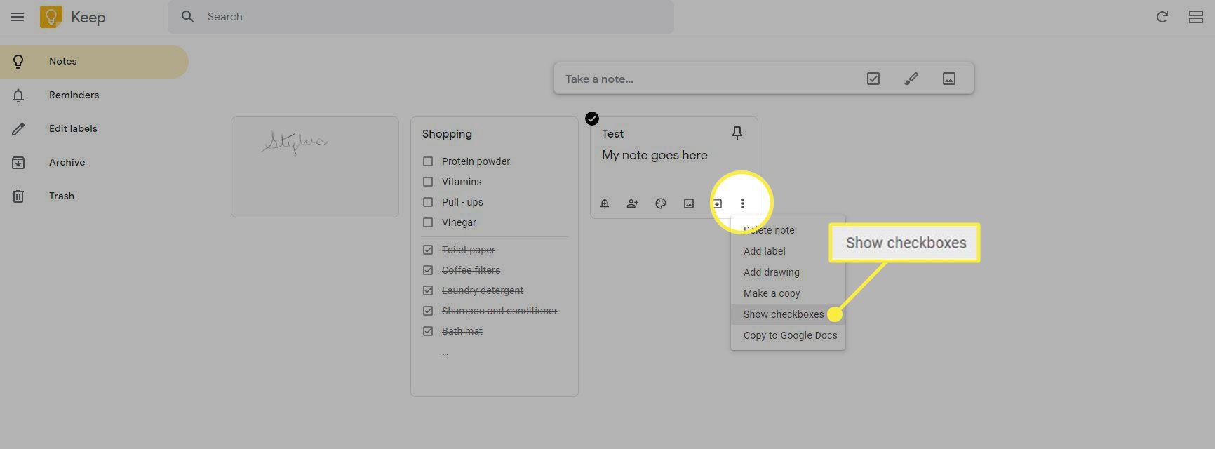 Nabídka Více a příkaz „Zobrazit zaškrtávací políčka“ v Google Keep