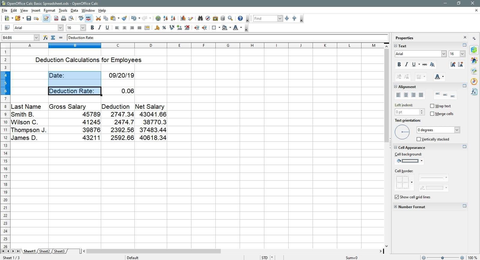 Buňky data a míry odpočtu jsou vybrány v OpenOffice Calc.