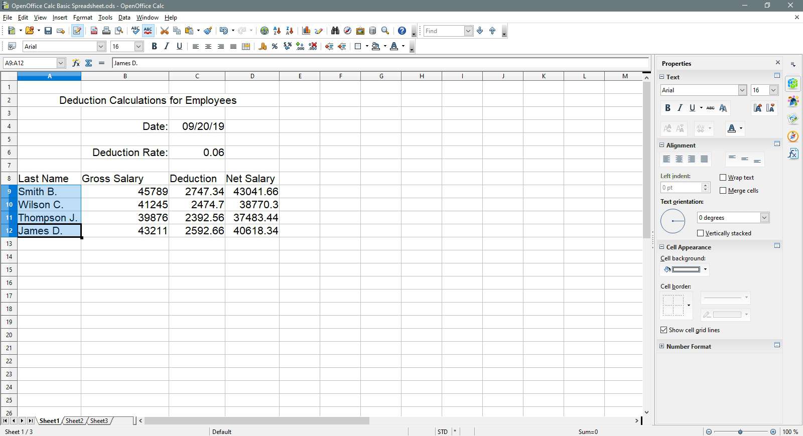 Příjmení jsou vybrána v OpenOffice Calc.