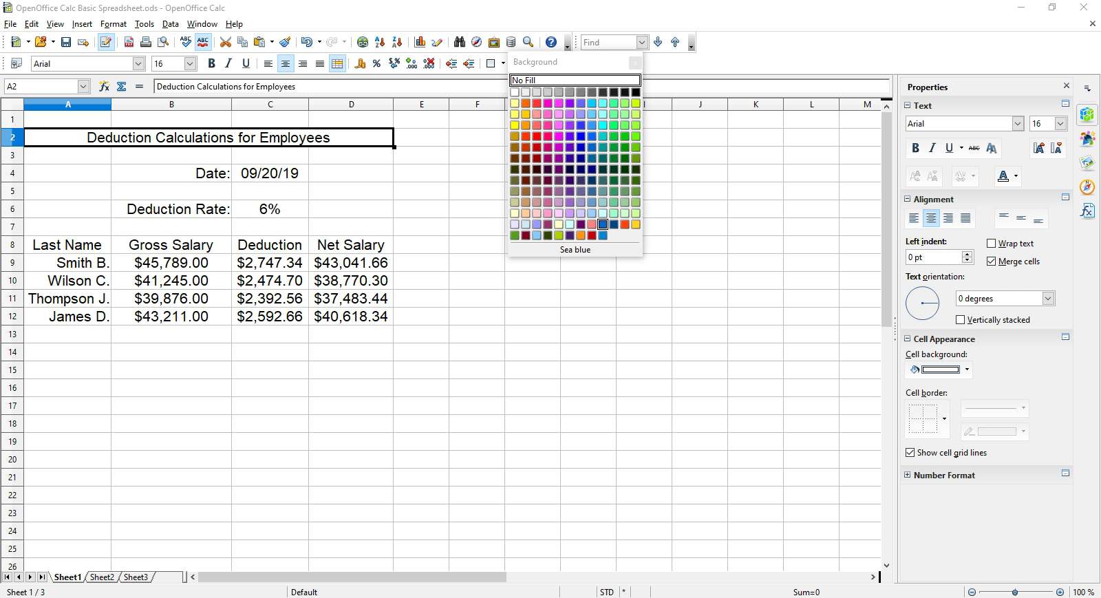 Nastavení nadpisu tabulky na nebesky modré pozadí v OpenOffice Calc.