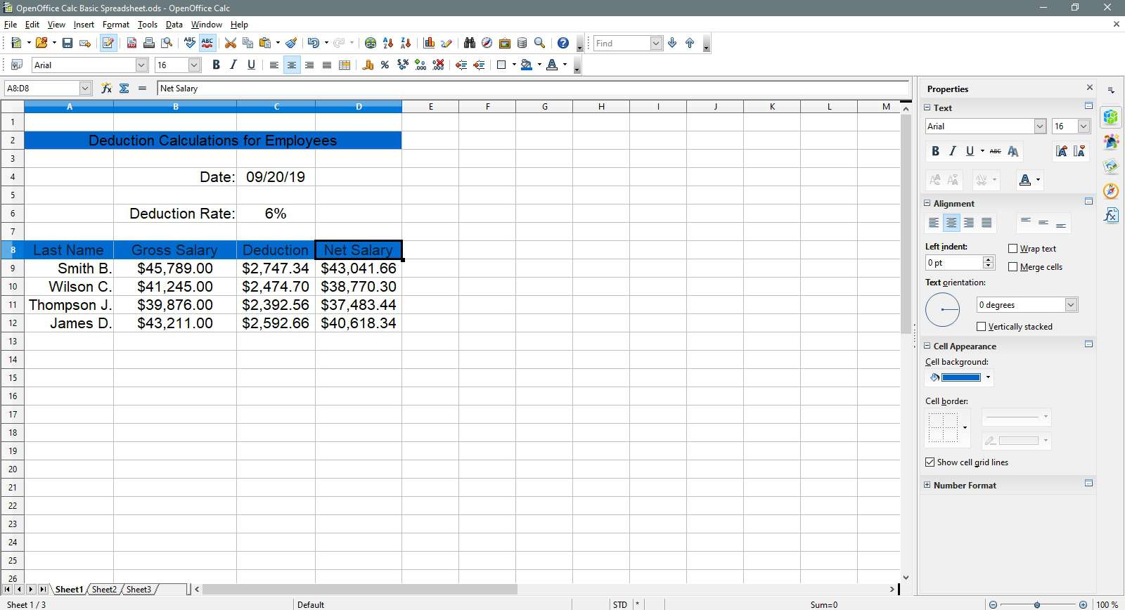 Nastavení záhlaví sloupců na nebesky modrou barvu v OpenOffice Calc.