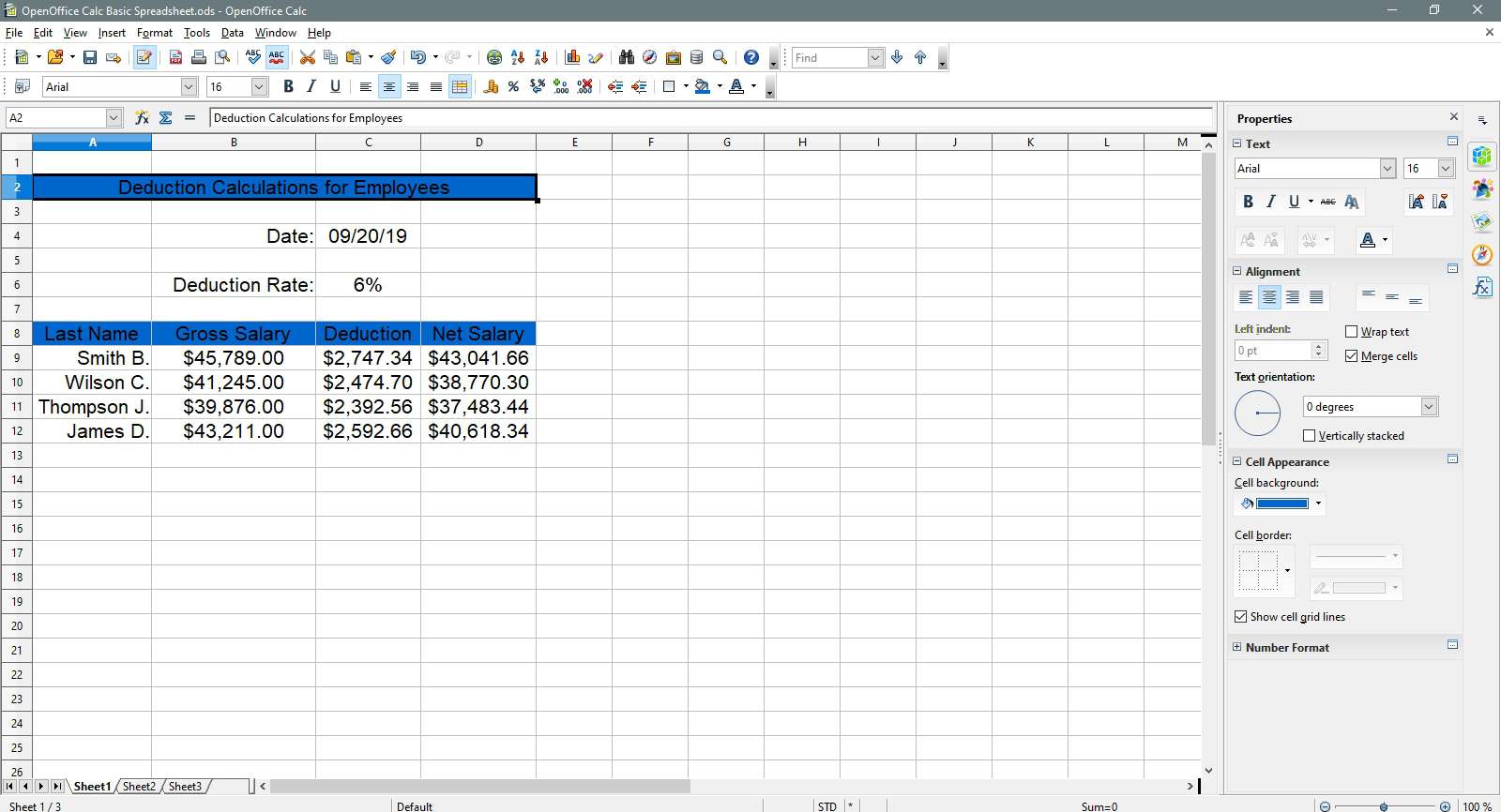 Výběr záhlaví titulu v OpenOffice Calc.