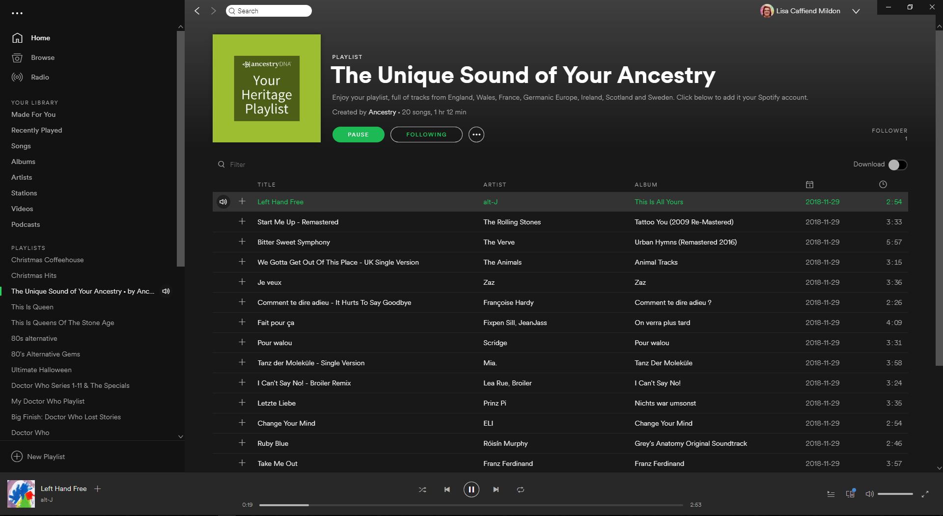 Seznam skladeb Spotify z Ancestry.com.