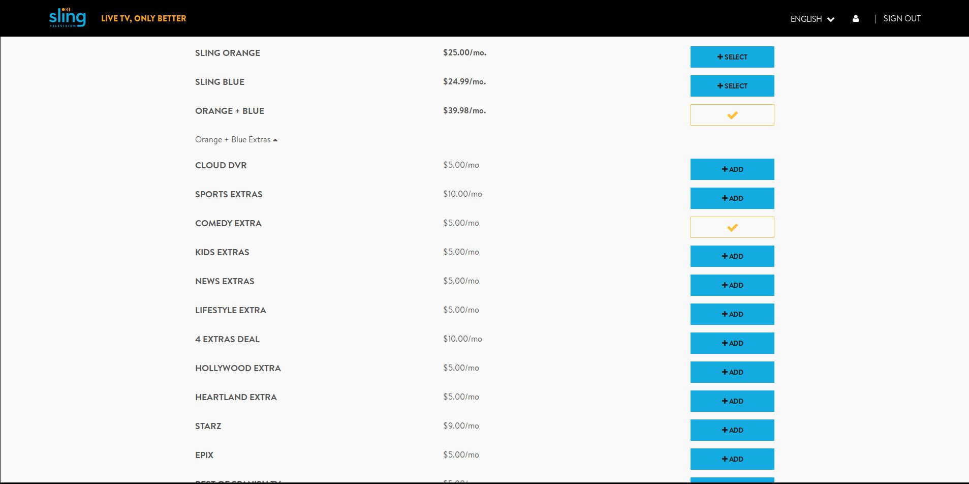 Sling TV další možnosti předplatného.