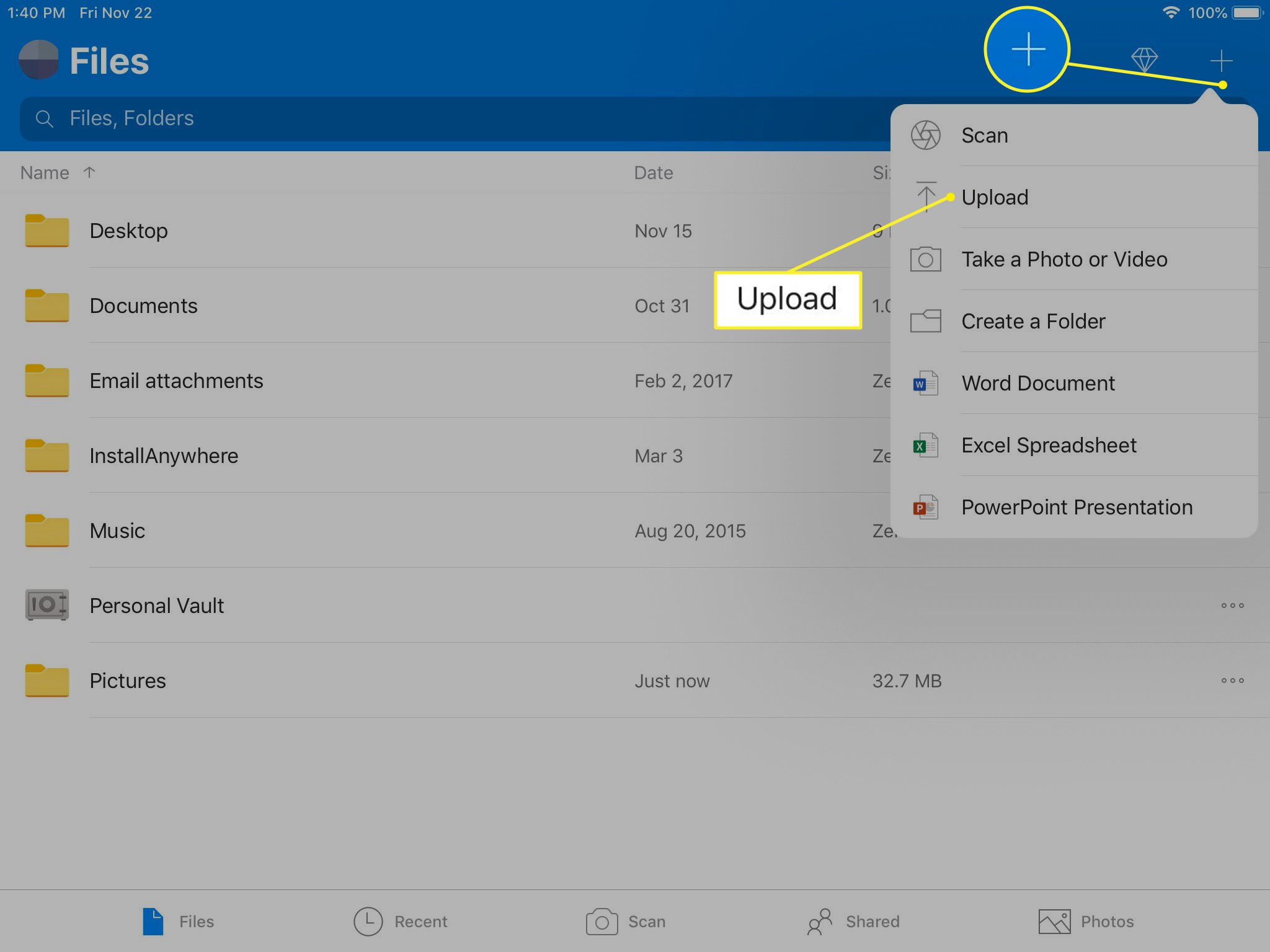 OneDrive pro iOS se zvýrazněným uploadem