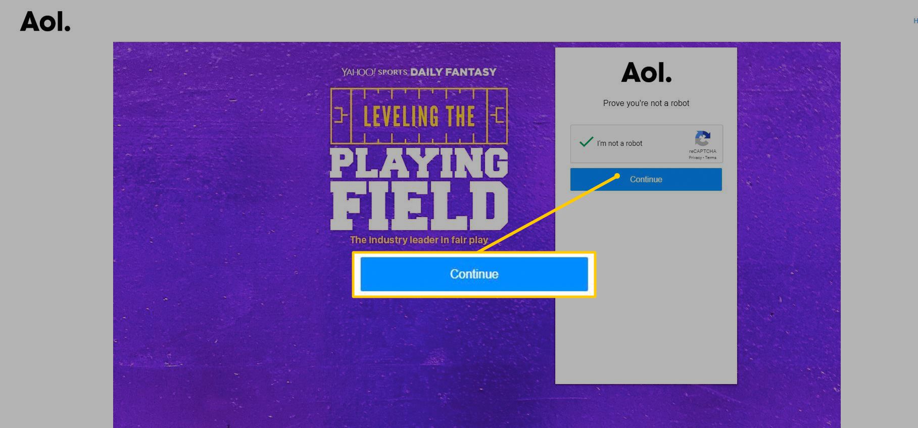 Po přihlášení na AOL tlačítko Pokračovat
