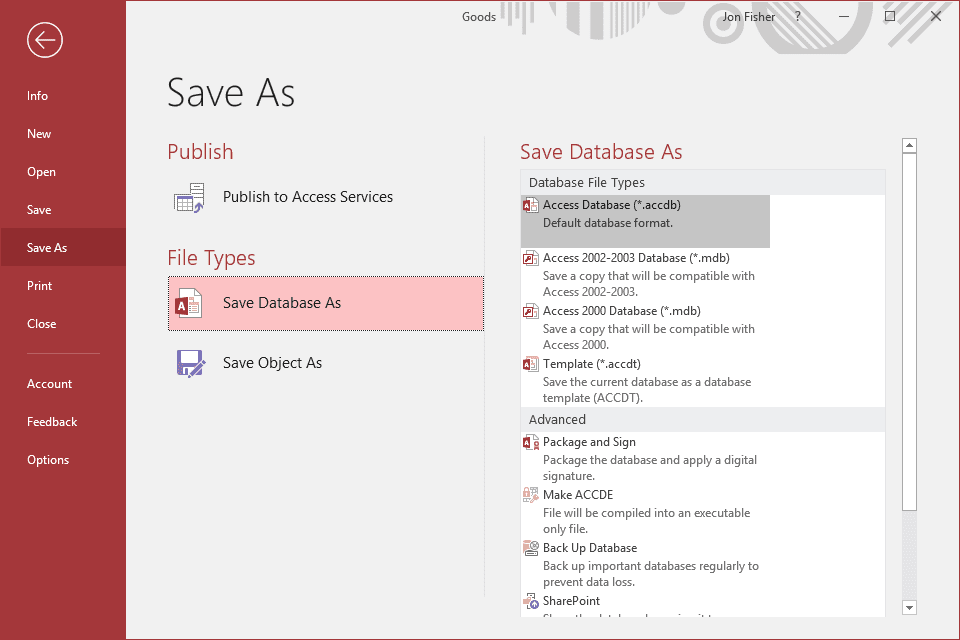 Formáty MS Access umí převést soubor ACCDB na.