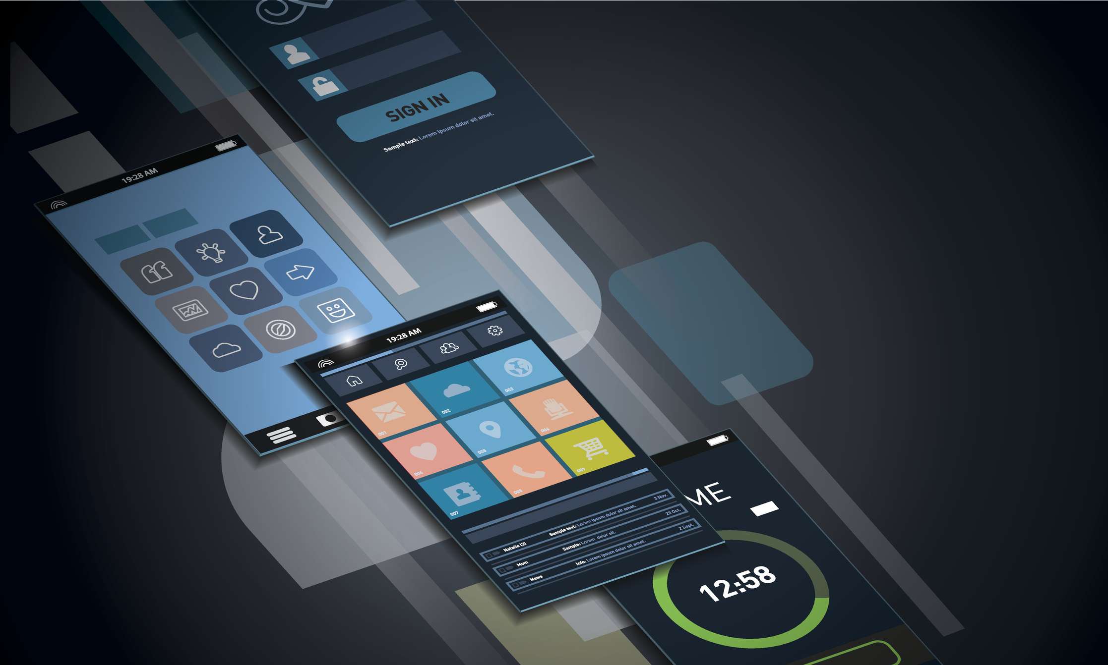Vektorové ilustrace dynamický smartphone rozhraní a sociální ikony