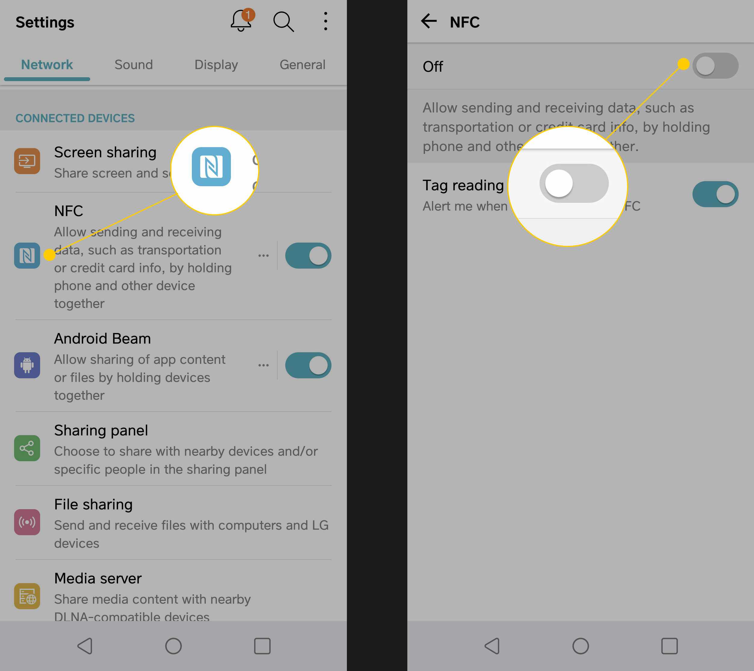 Nastavení sítě Android se zvýrazněným nadpisem a přepínačem NFC