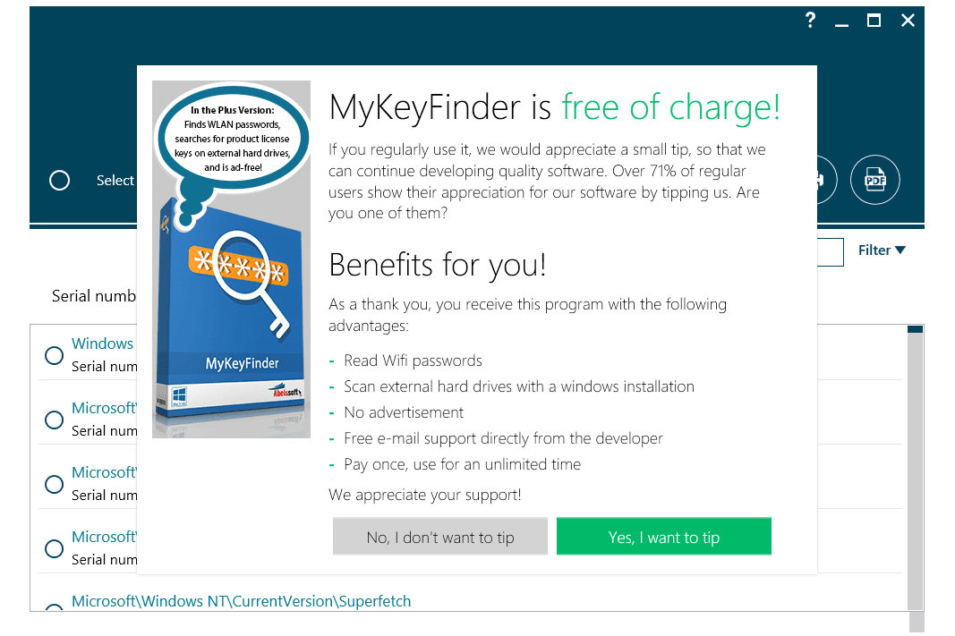 Screenshot donationware MyKeyFinder