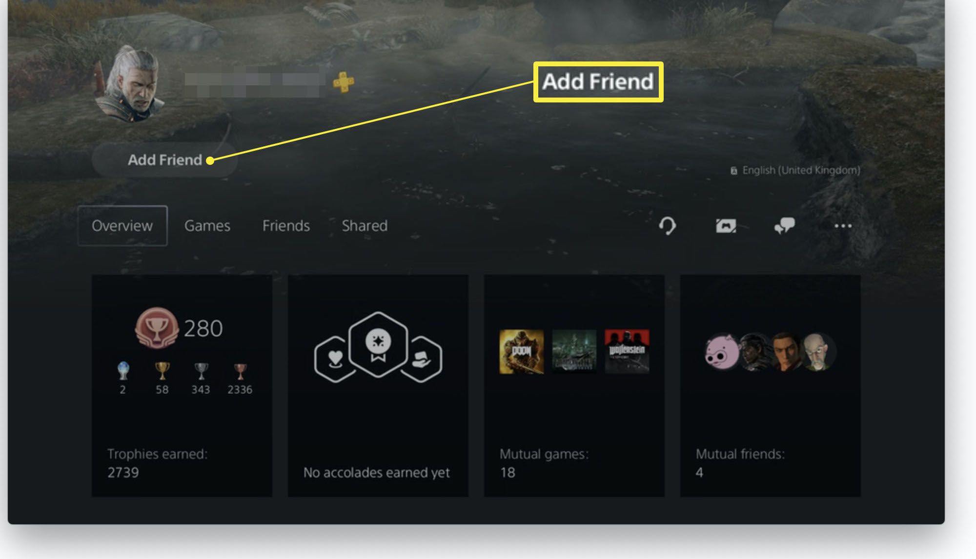 Stránka profilu Playstation 5 se zvýrazněným Add Friend