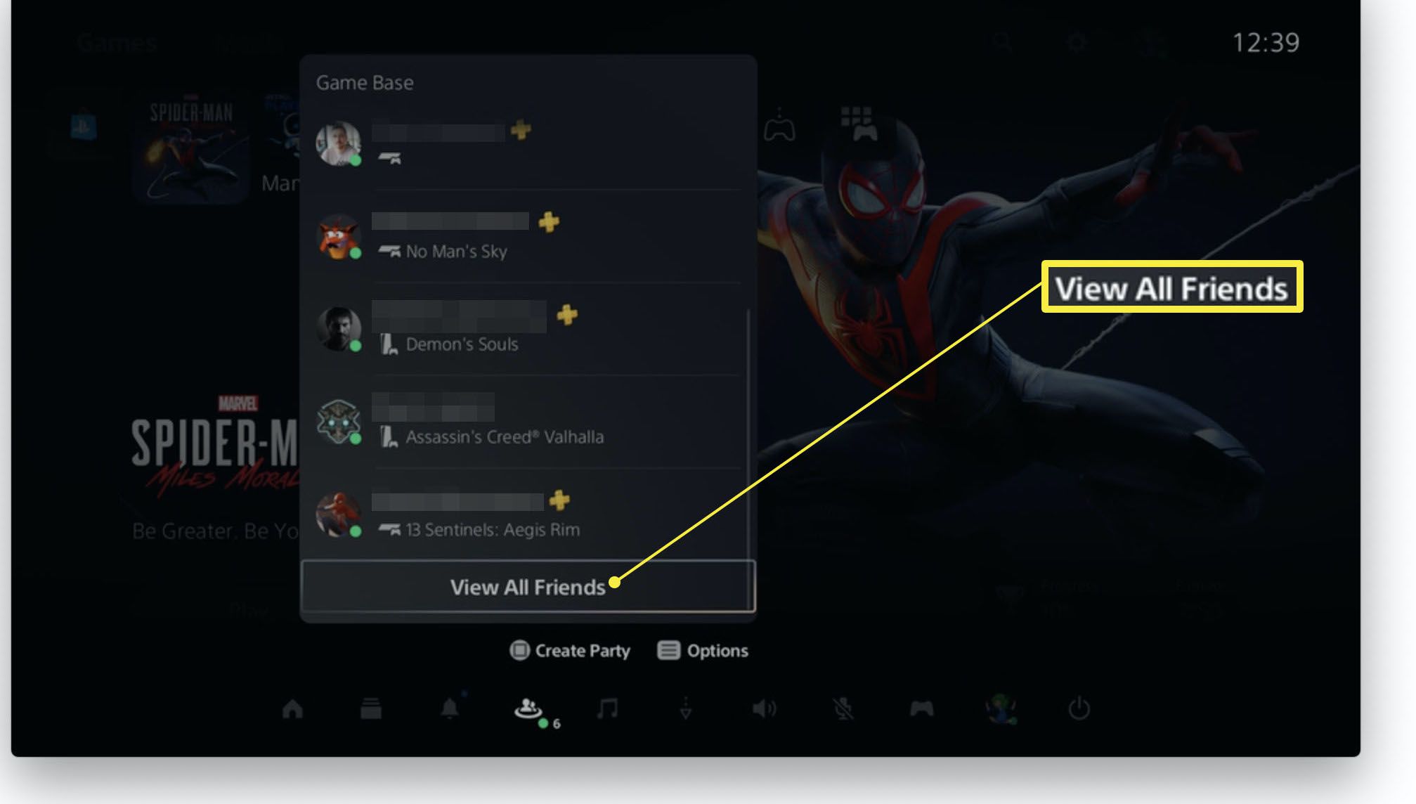 Řídicí panel PlayStation 5 se zvýrazněnou možností Zobrazit všechny přátele