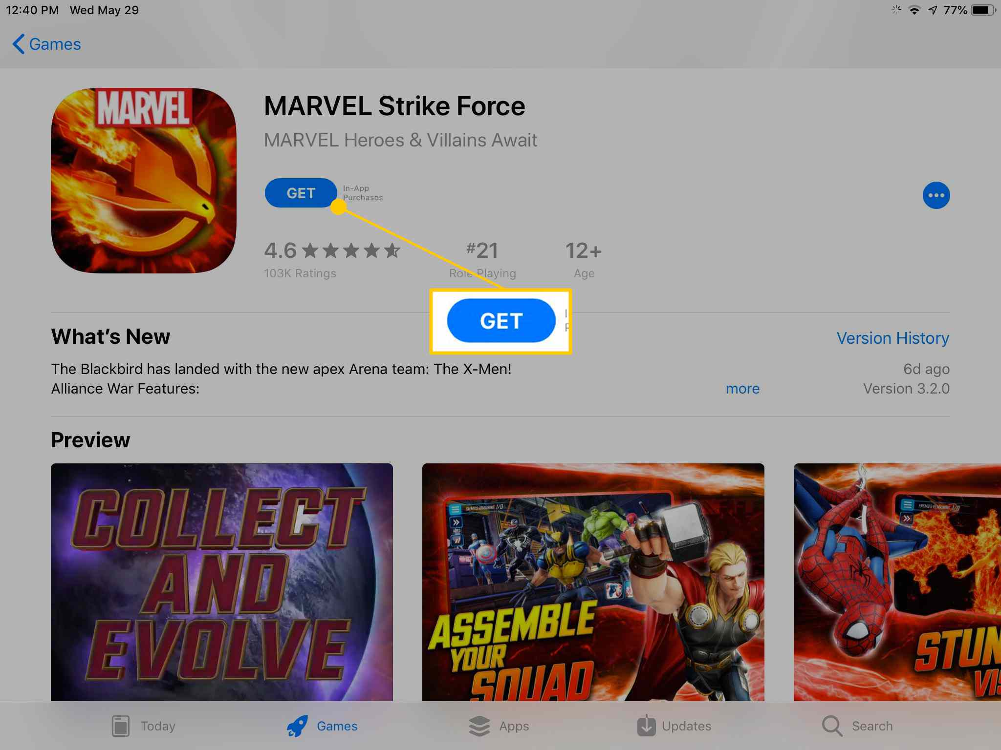 Získejte tlačítko na stránce Marvel Strike Force App Store