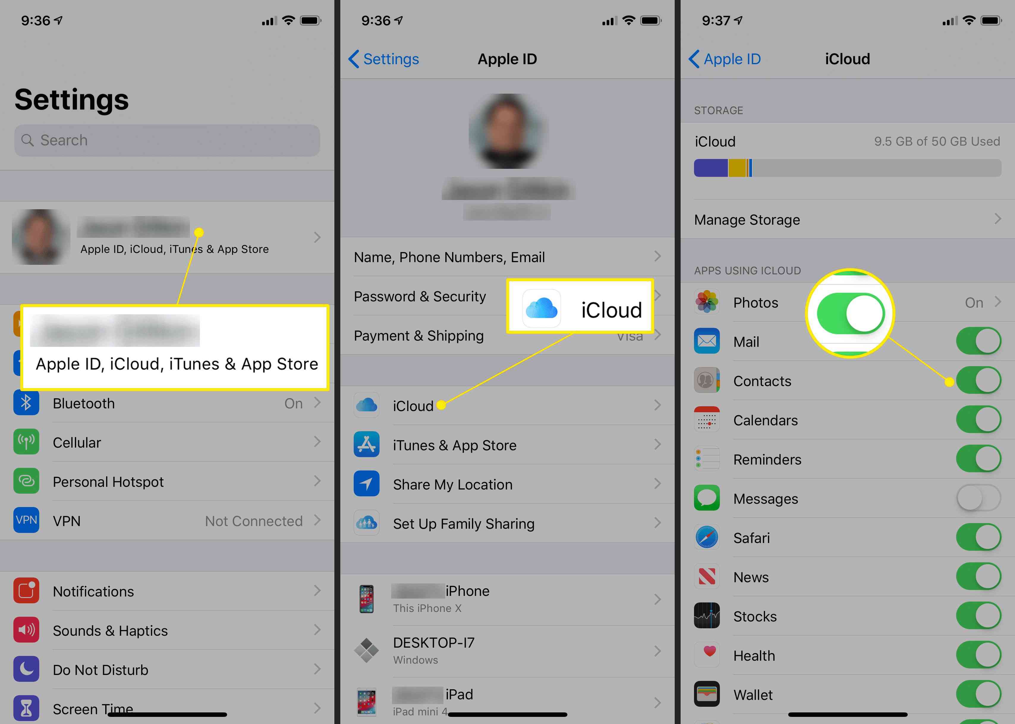 Apple ID, tlačítko iCloud, přepínání kontaktů v nastavení iOS