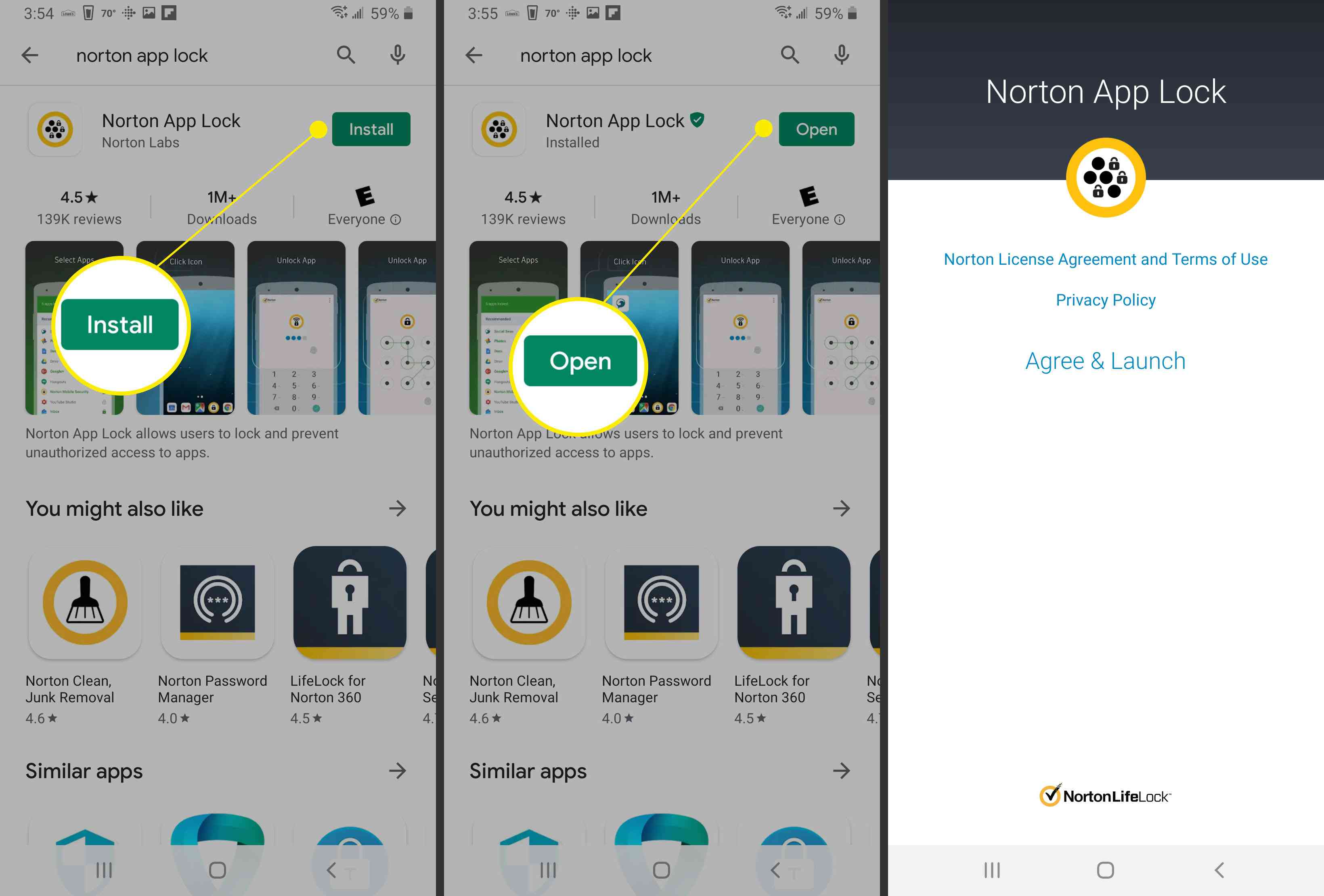 Instalace a otevření zámku Norton App Lock.