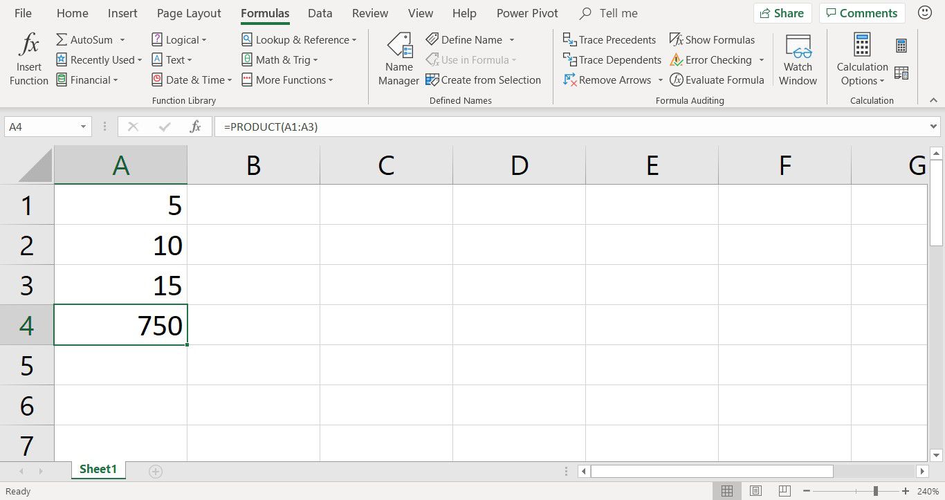 Screenshot zobrazující výsledek funkce PRODUCT v aplikaci Excel