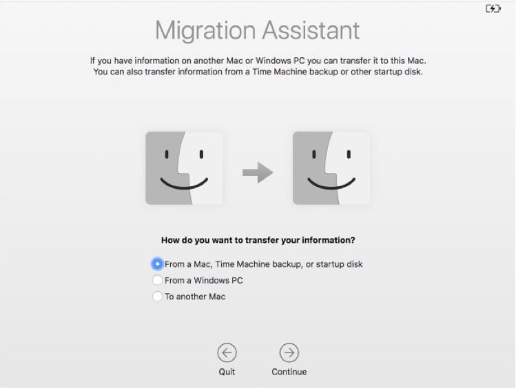 Screenshot nástroje Migration Assistant na počítači Mac