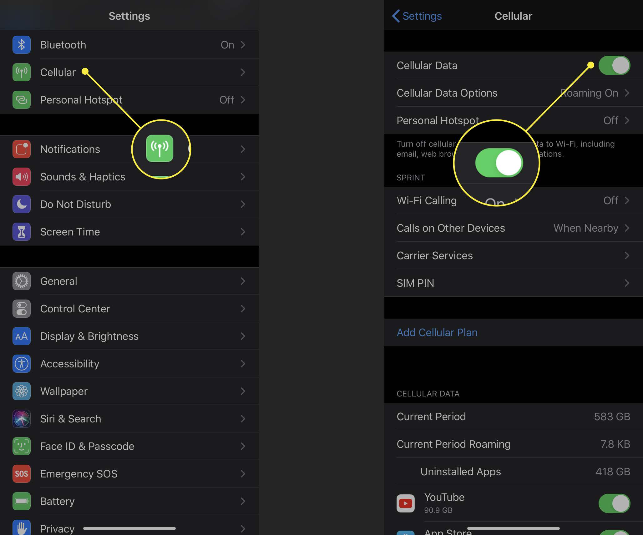 Screenshoty iPhonu zobrazující možnosti Mobilní a Mobilní data