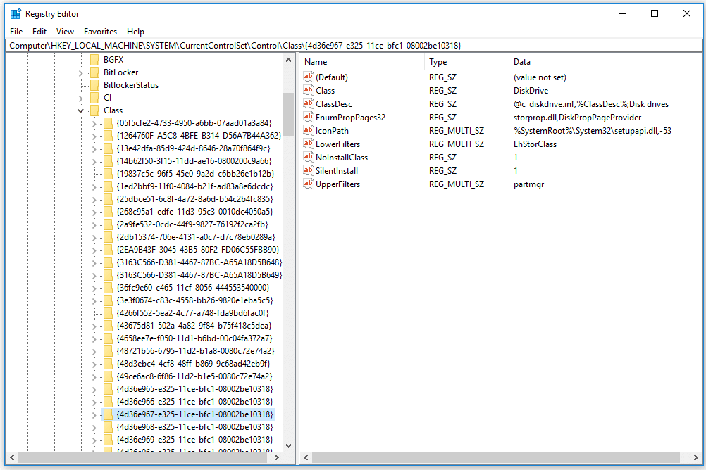 Klíč registru třídy DiskDrive GUID v systému Windows 10
