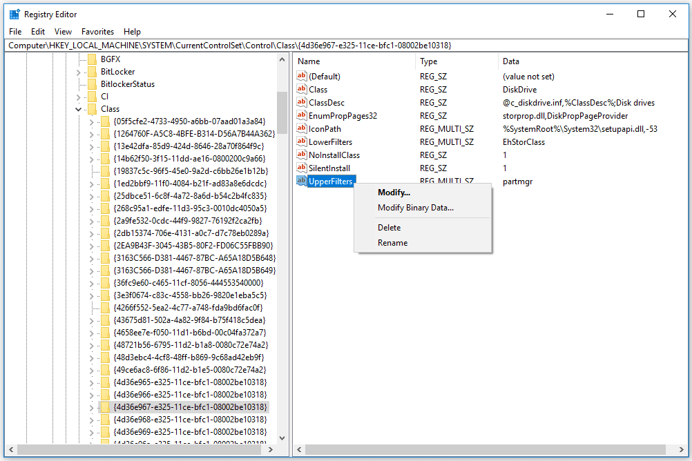 odstranění hodnoty registru UpperFilters v systému Windows 10