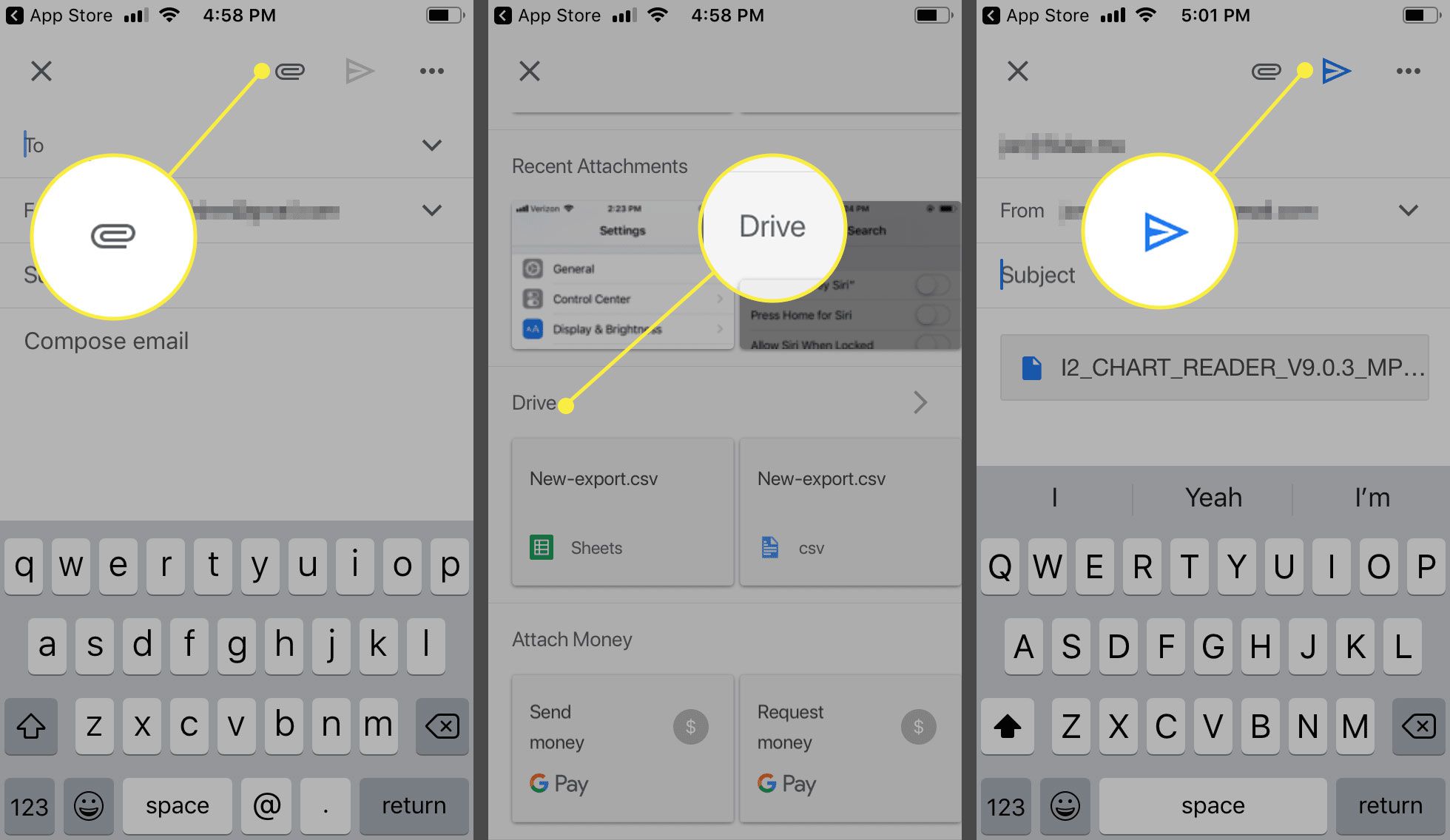 Screenshoty aplikace Gmail pro iOS, které ukazují, jak připojit soubor z Disku Google