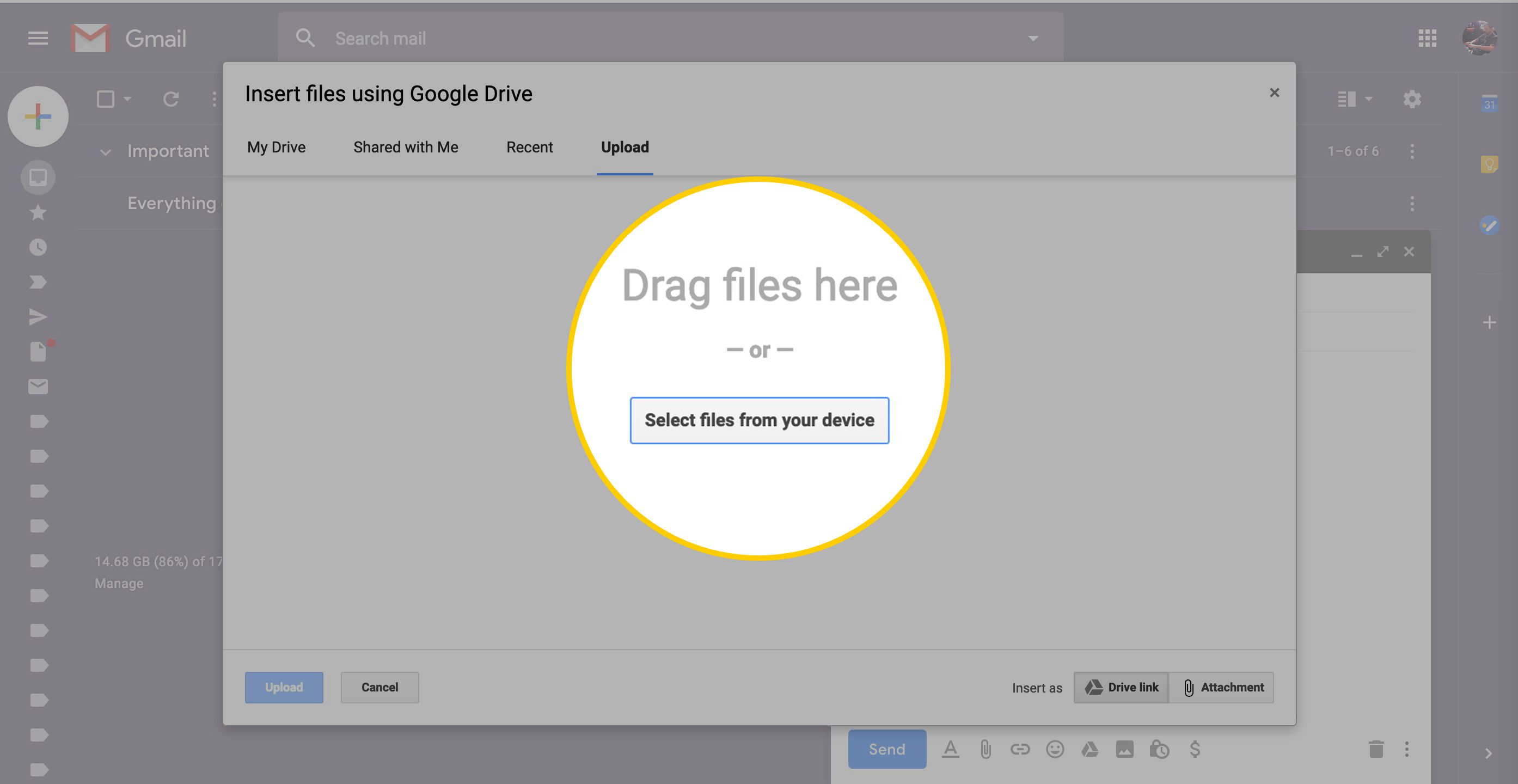 Přetáhněte sem sem nebo vyberte soubory z dialogového okna zařízení na Disku Google přes Gmail
