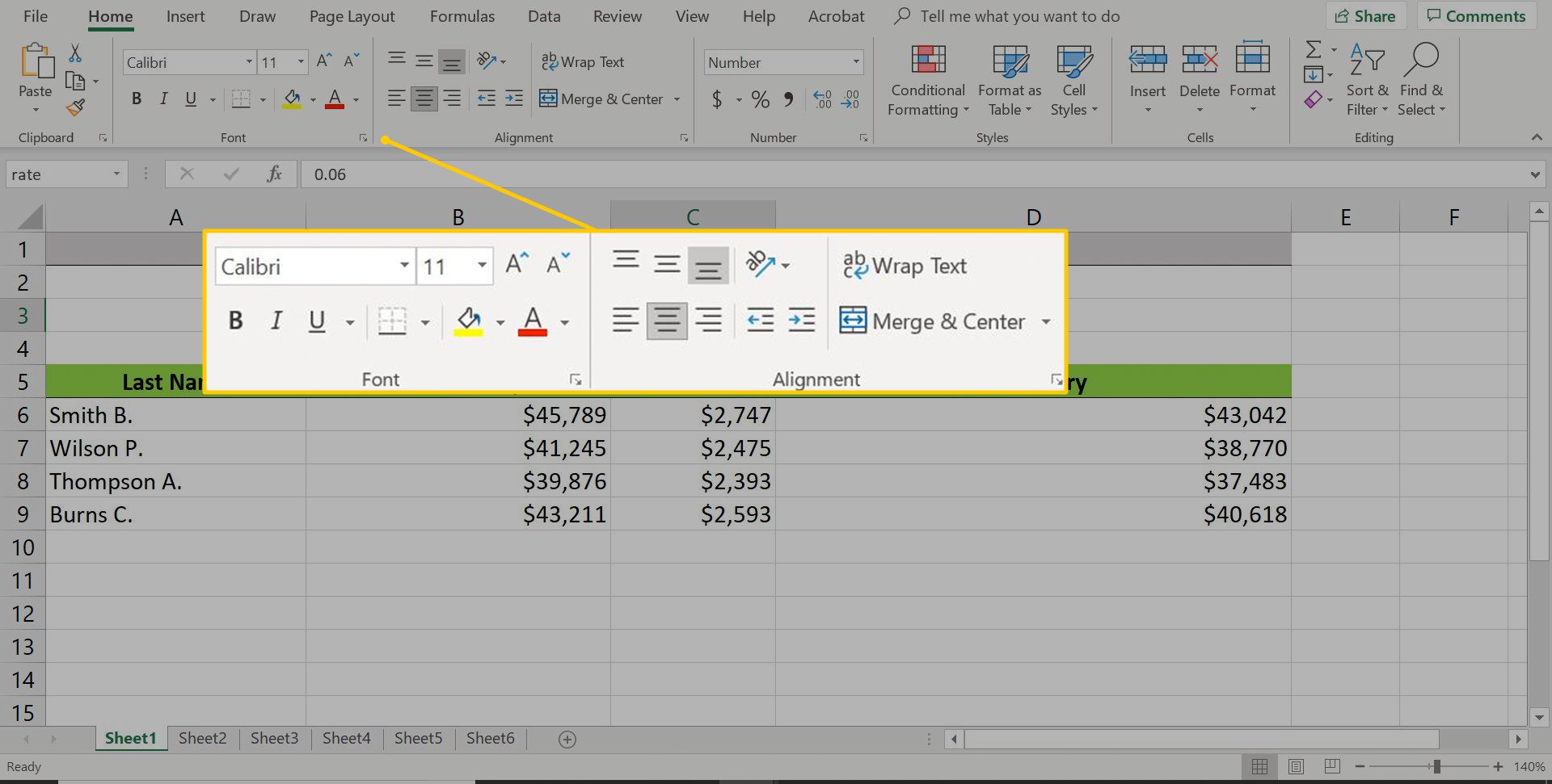 Oblasti písma a zarovnání na kartě Domů v aplikaci Excel